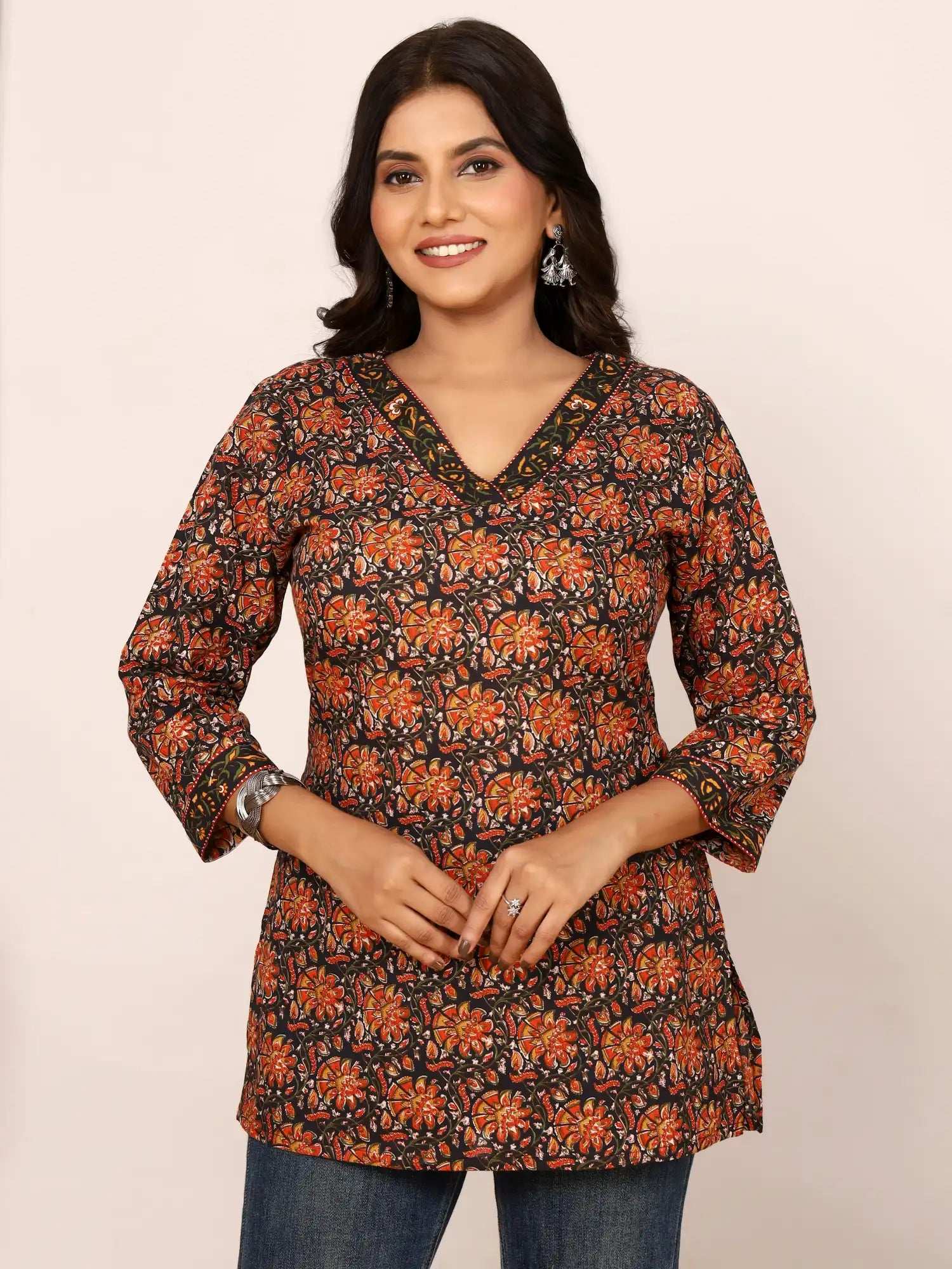 Sanganeri Black & Orange Marigold Buti Cotton Top