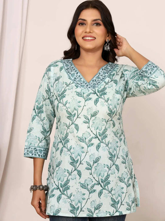 Sanganeri Pistachio Green Floral Cotton Top