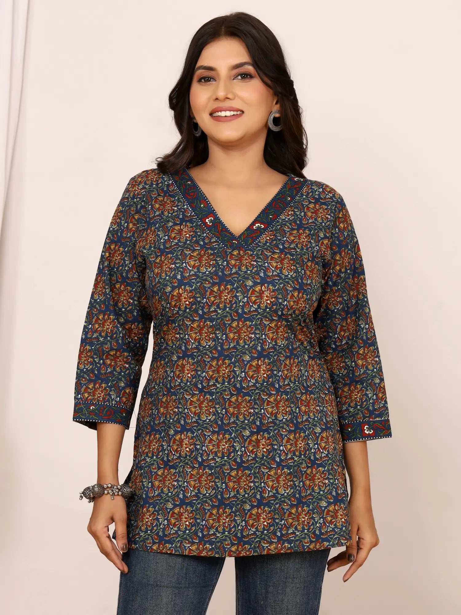 Sanganeri Navy Blue Kalamkari Print Cotton Top