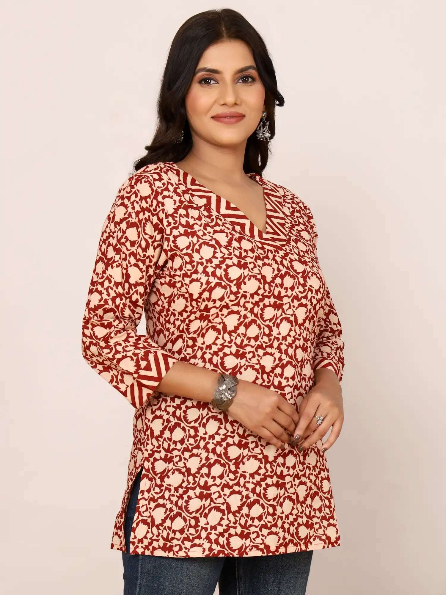 Sanganeri Beige & Maroon Floral Jaal Cotton Top
