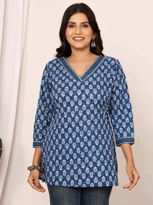 Sanganeri Indigo Block Buti Print Cotton Top