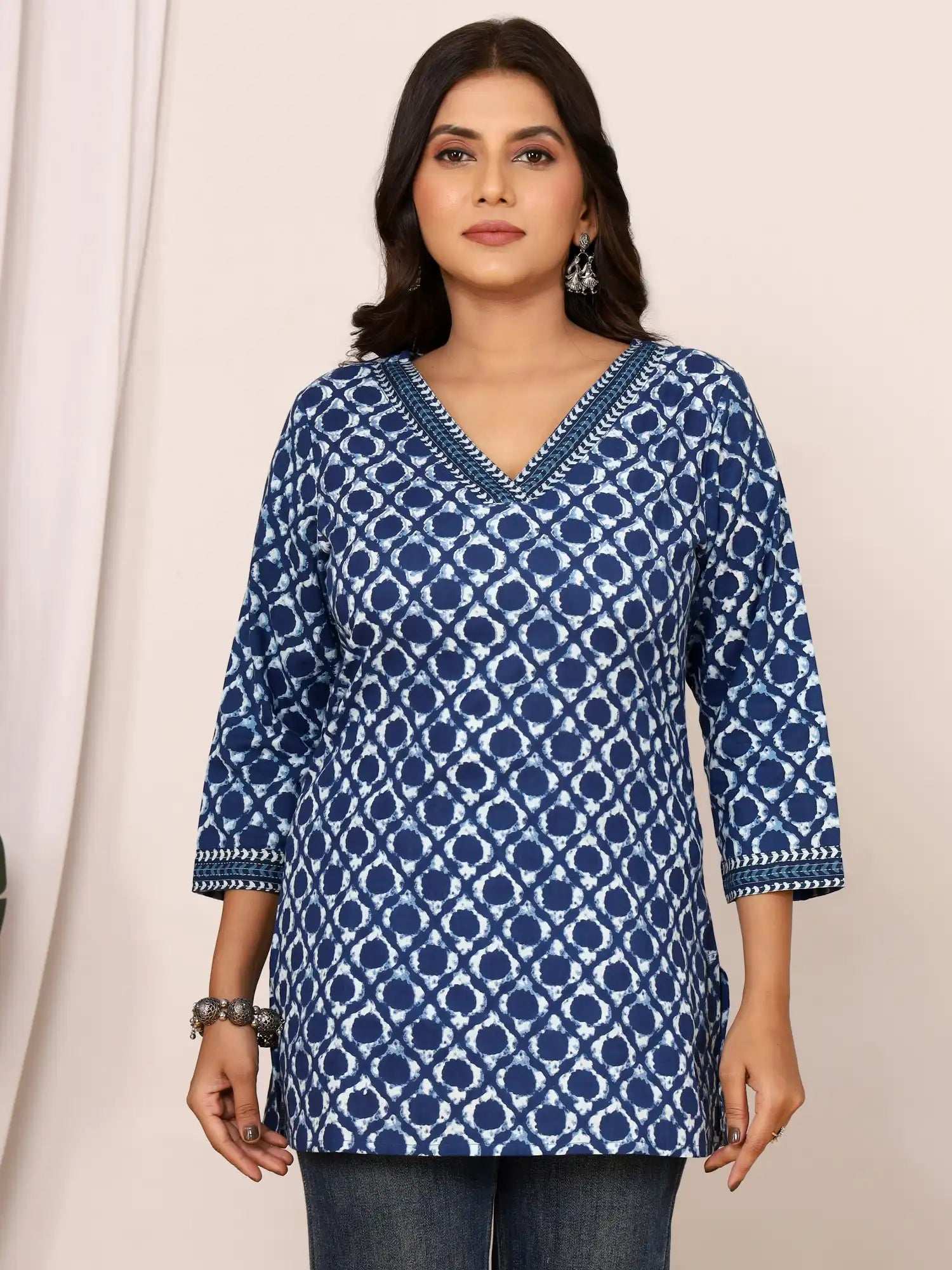 Sanganeri Indigo Blue Geometric Cotton Top