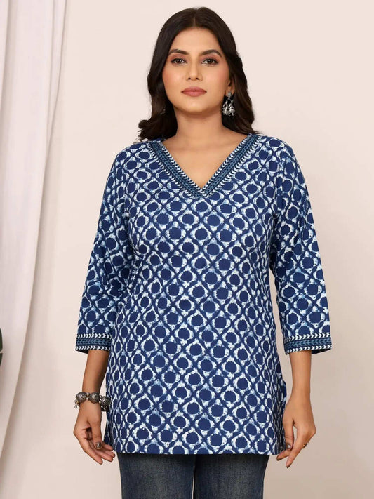 Sanganeri Indigo Blue Geometric Cotton Top