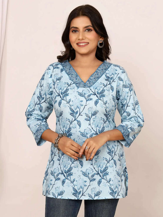 Sanganeri Sky Blue Floral Print Cotton Top