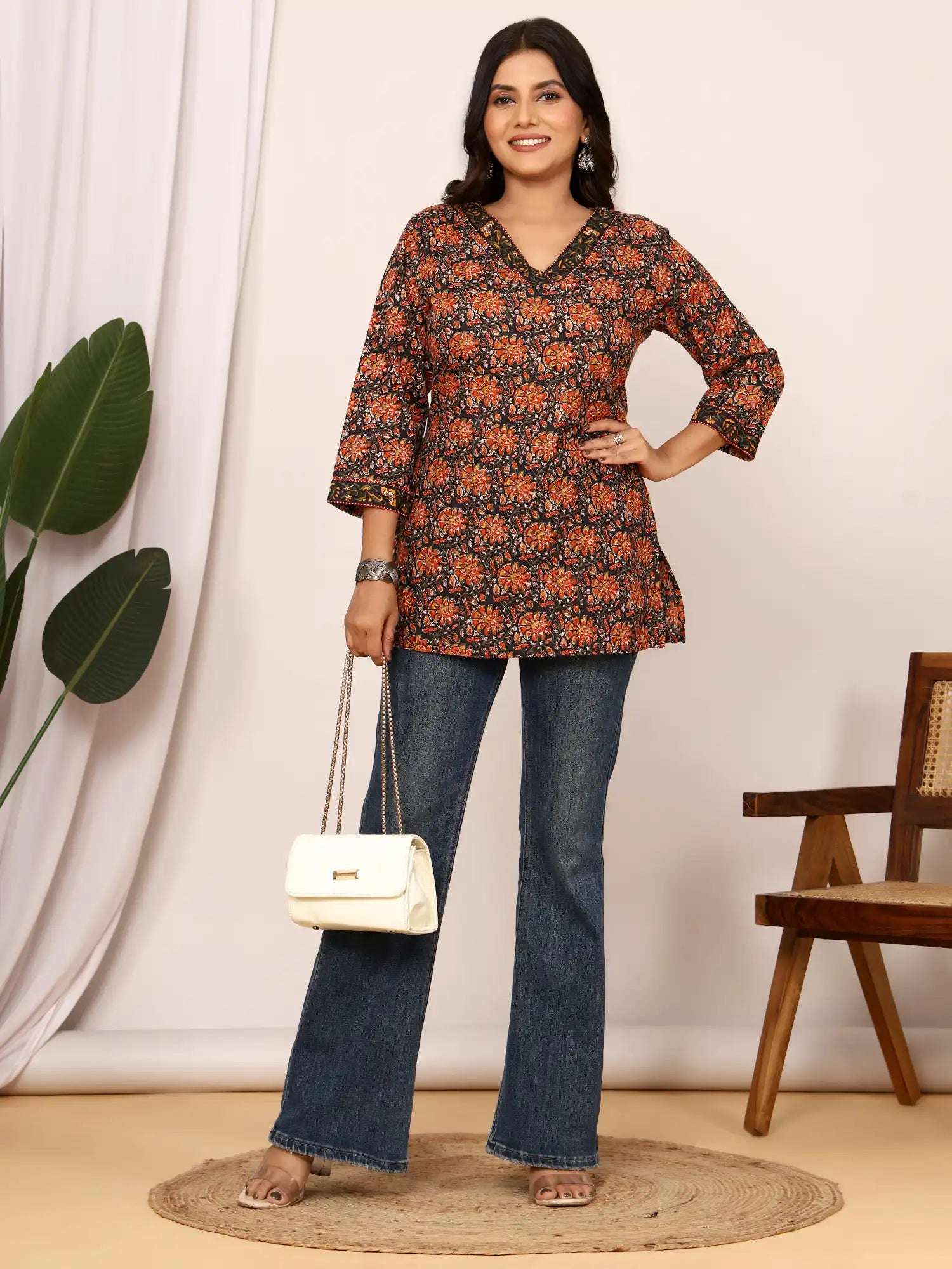 Sanganeri Black & Orange Marigold Buti Cotton Top