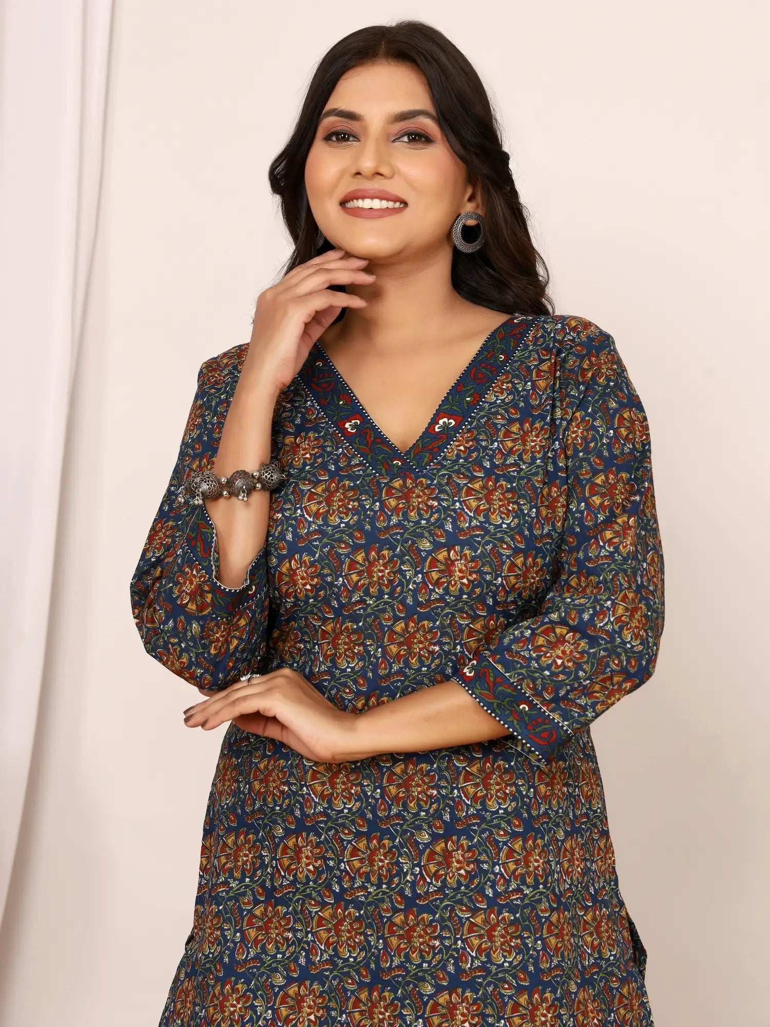 Sanganeri Navy Blue Kalamkari Print Cotton Top