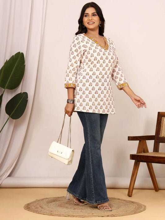 Sanganeri Mustard Floral Booti Print Cotton Top