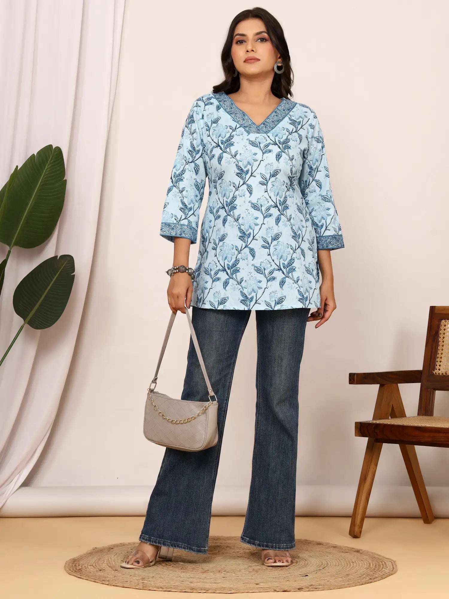 Sanganeri Sky Blue Floral Print Cotton Top