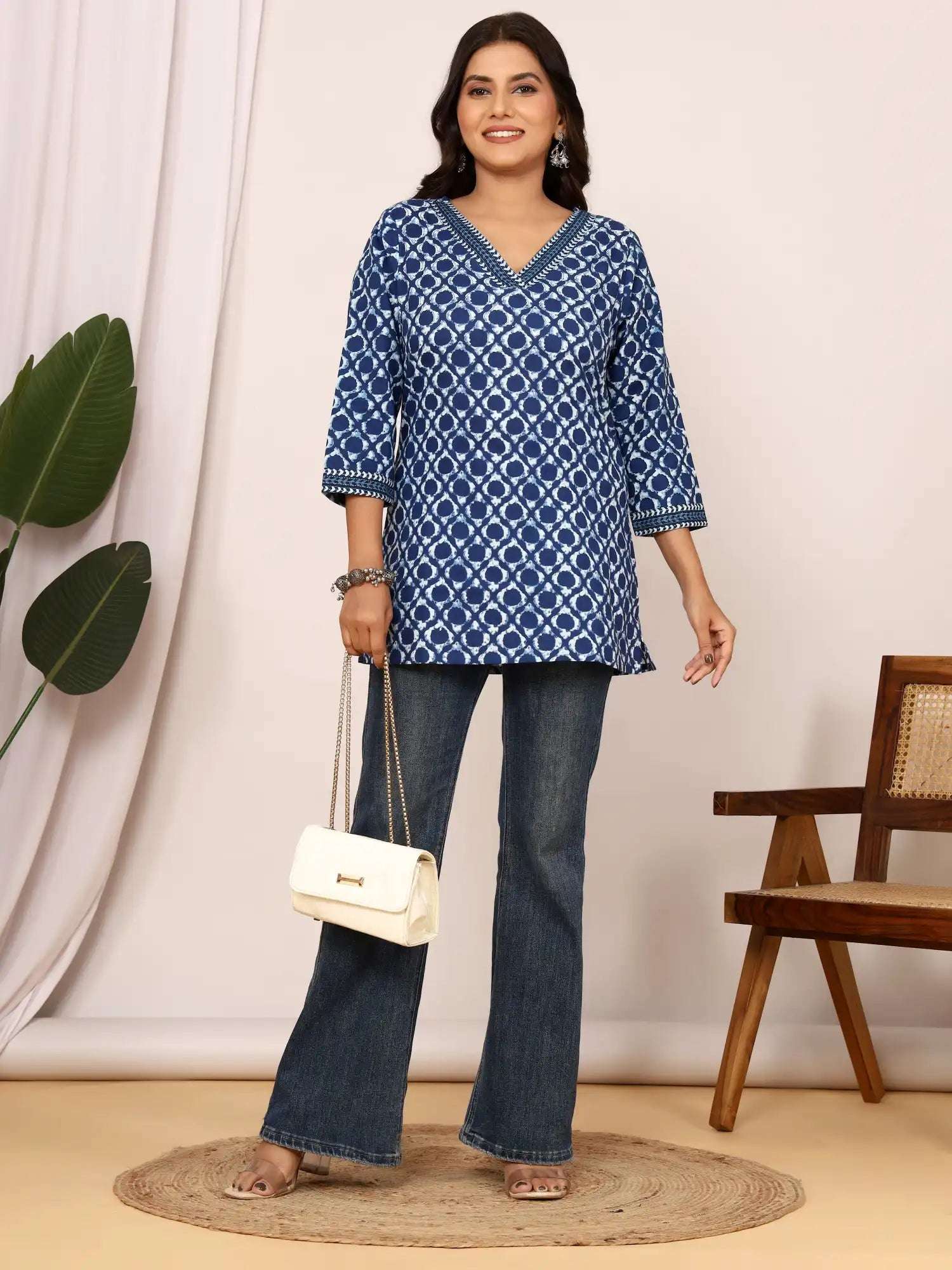 Sanganeri Indigo Blue Geometric Cotton Top
