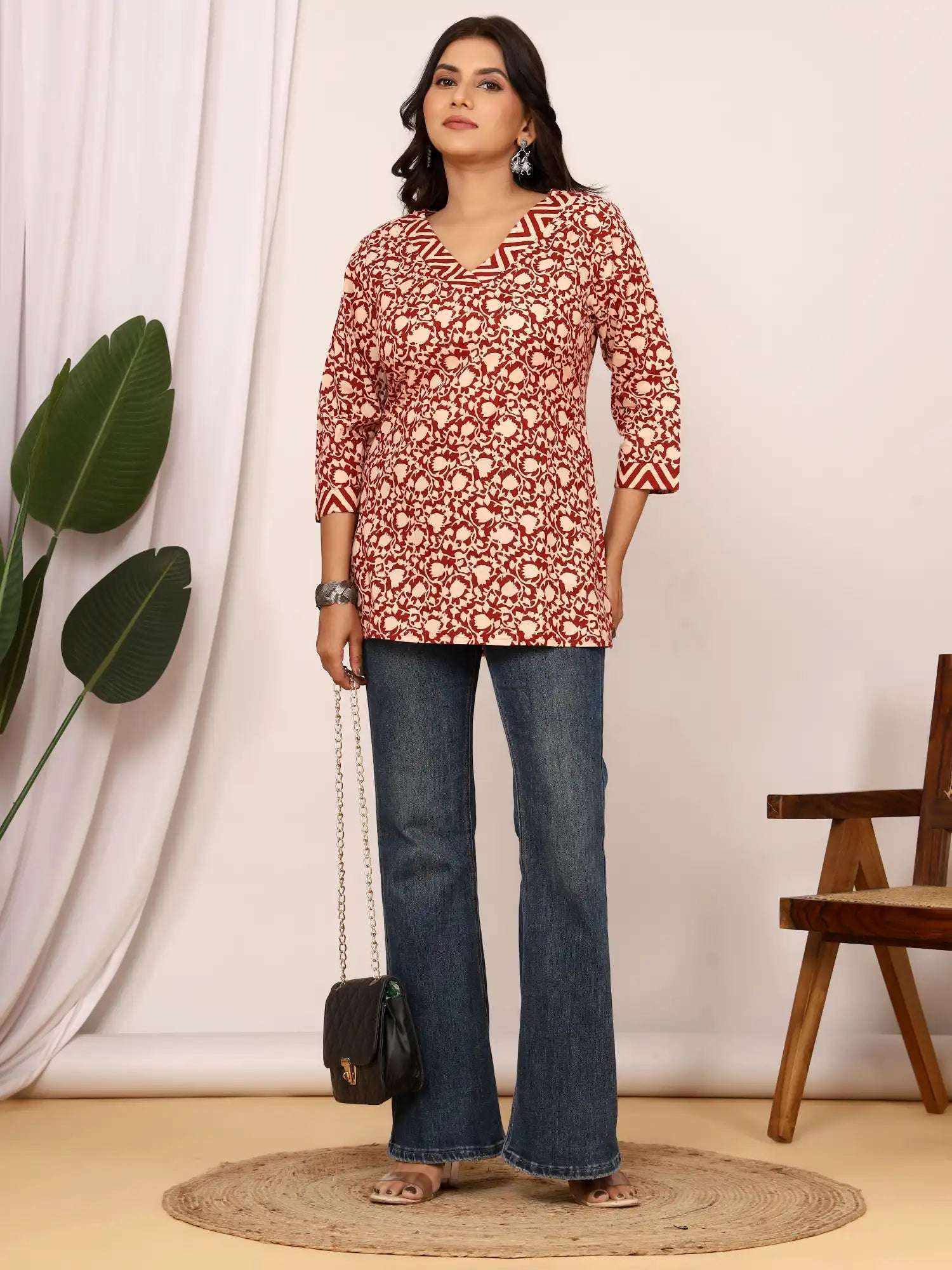 Sanganeri Beige & Maroon Floral Jaal Cotton Top