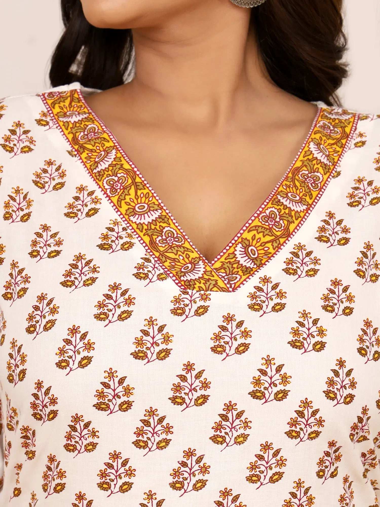 Sanganeri Mustard Floral Booti Print Cotton Top