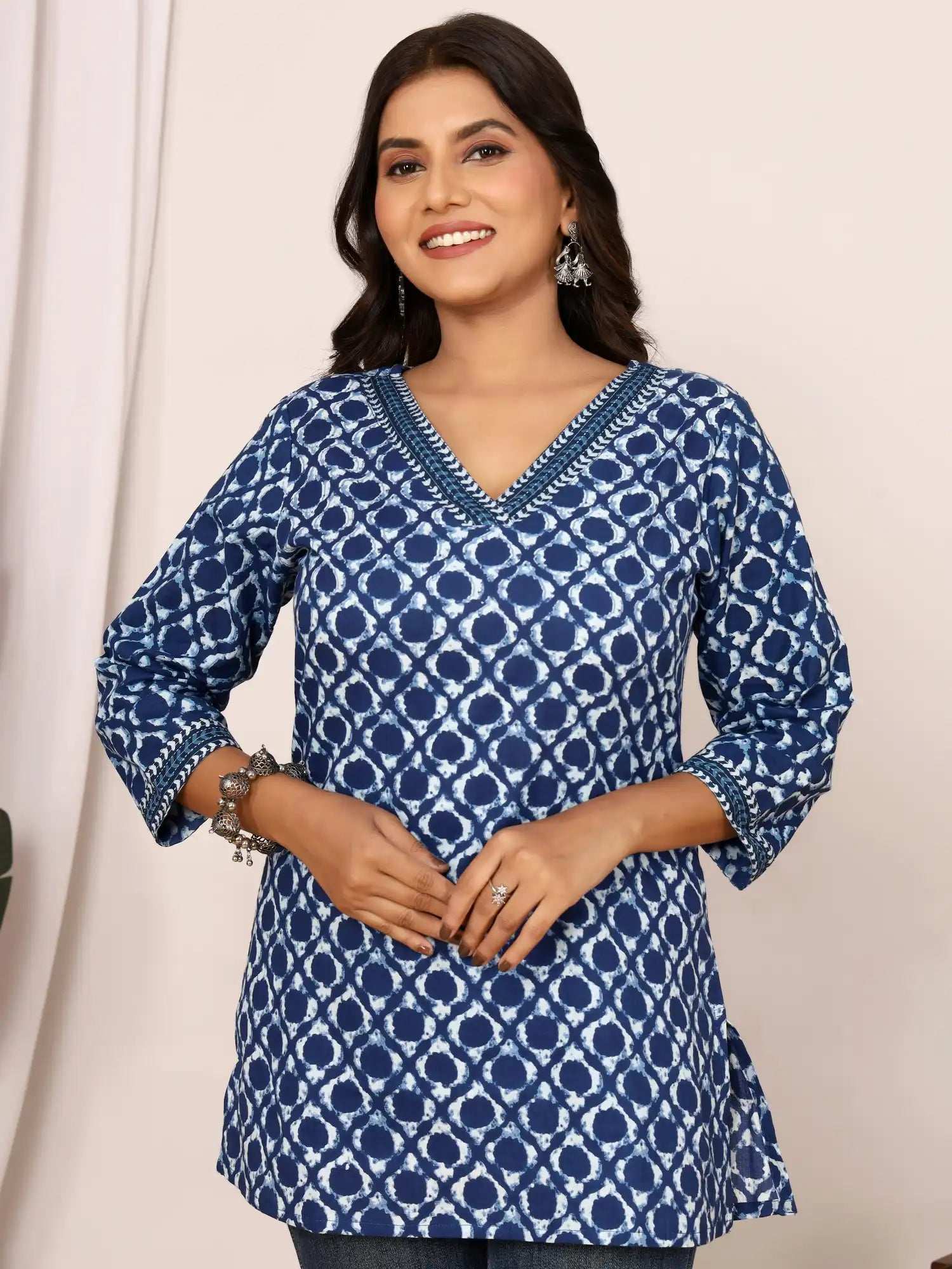 Sanganeri Indigo Blue Geometric Cotton Top