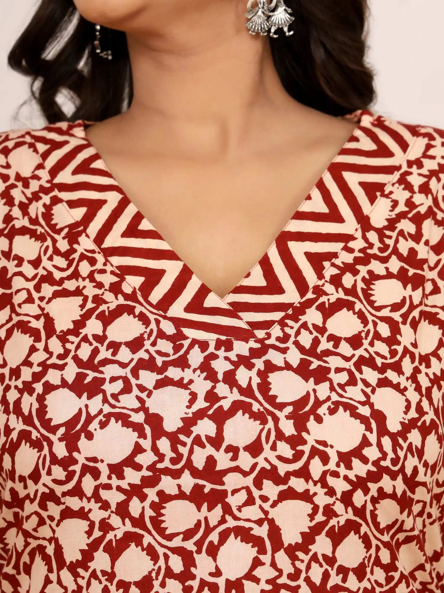 Sanganeri Beige & Maroon Floral Jaal Cotton Top