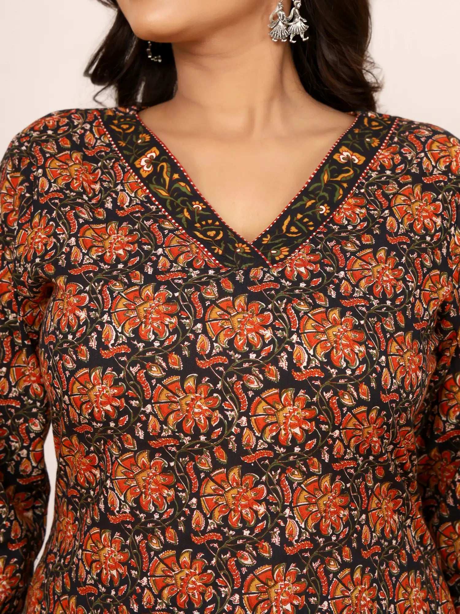 Sanganeri Black & Orange Marigold Buti Cotton Top