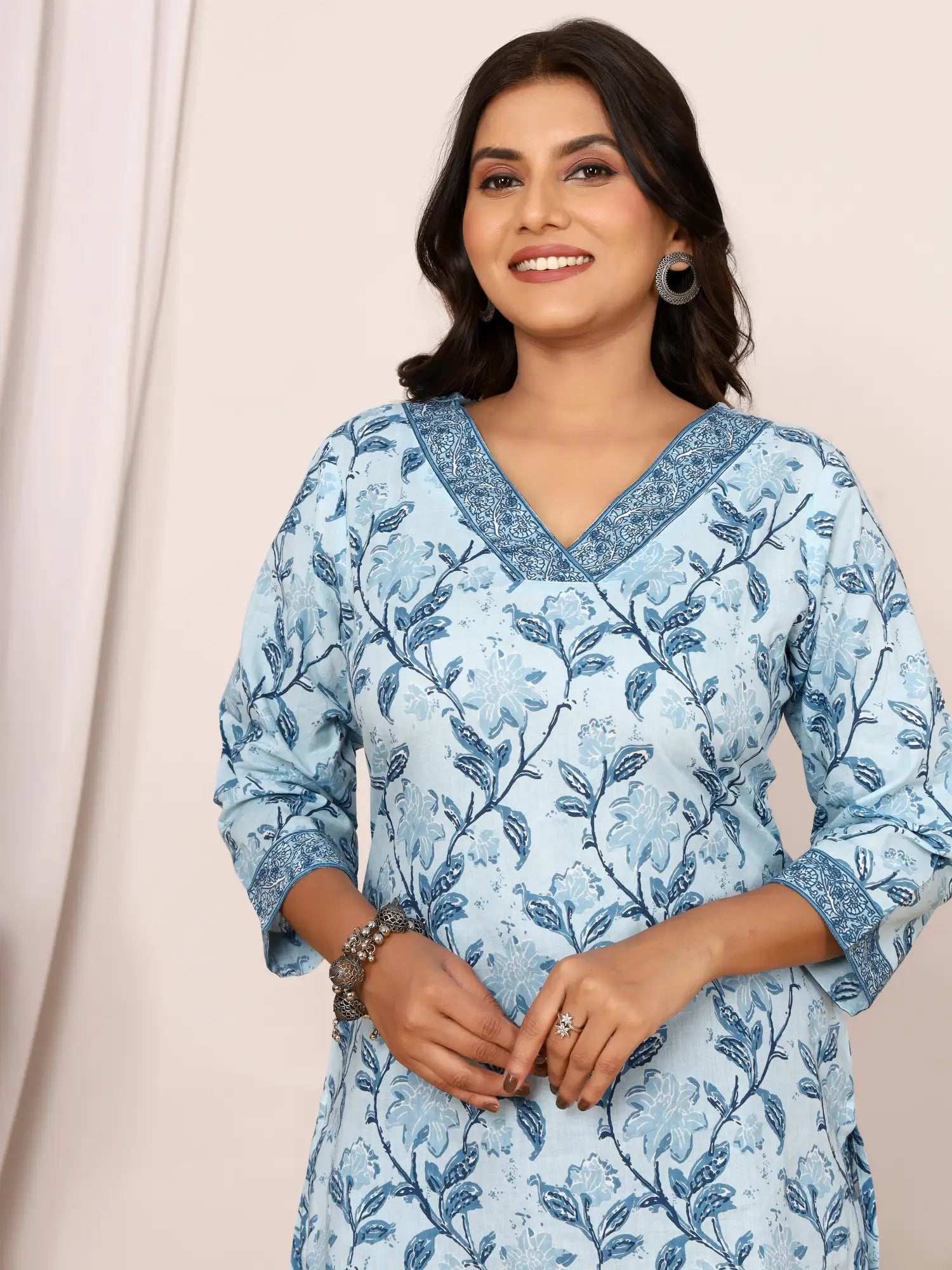 Sanganeri Sky Blue Floral Print Cotton Top