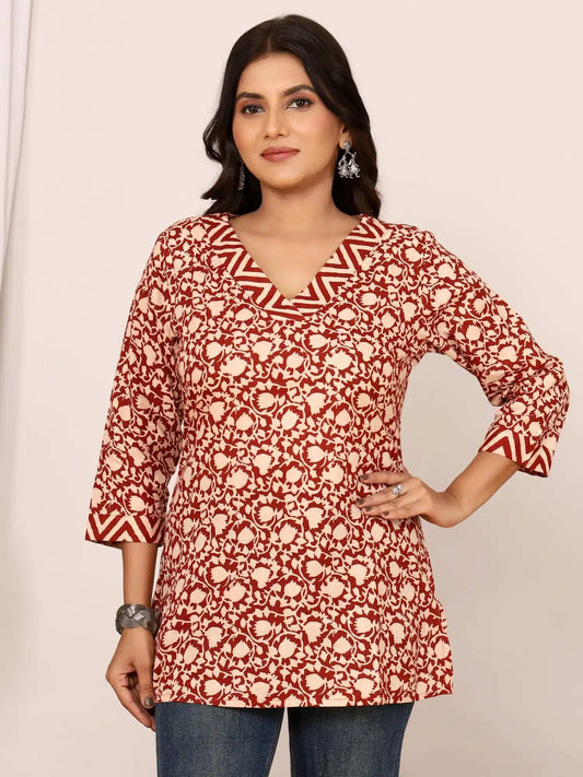 Sanganeri Beige & Maroon Floral Jaal Cotton Top