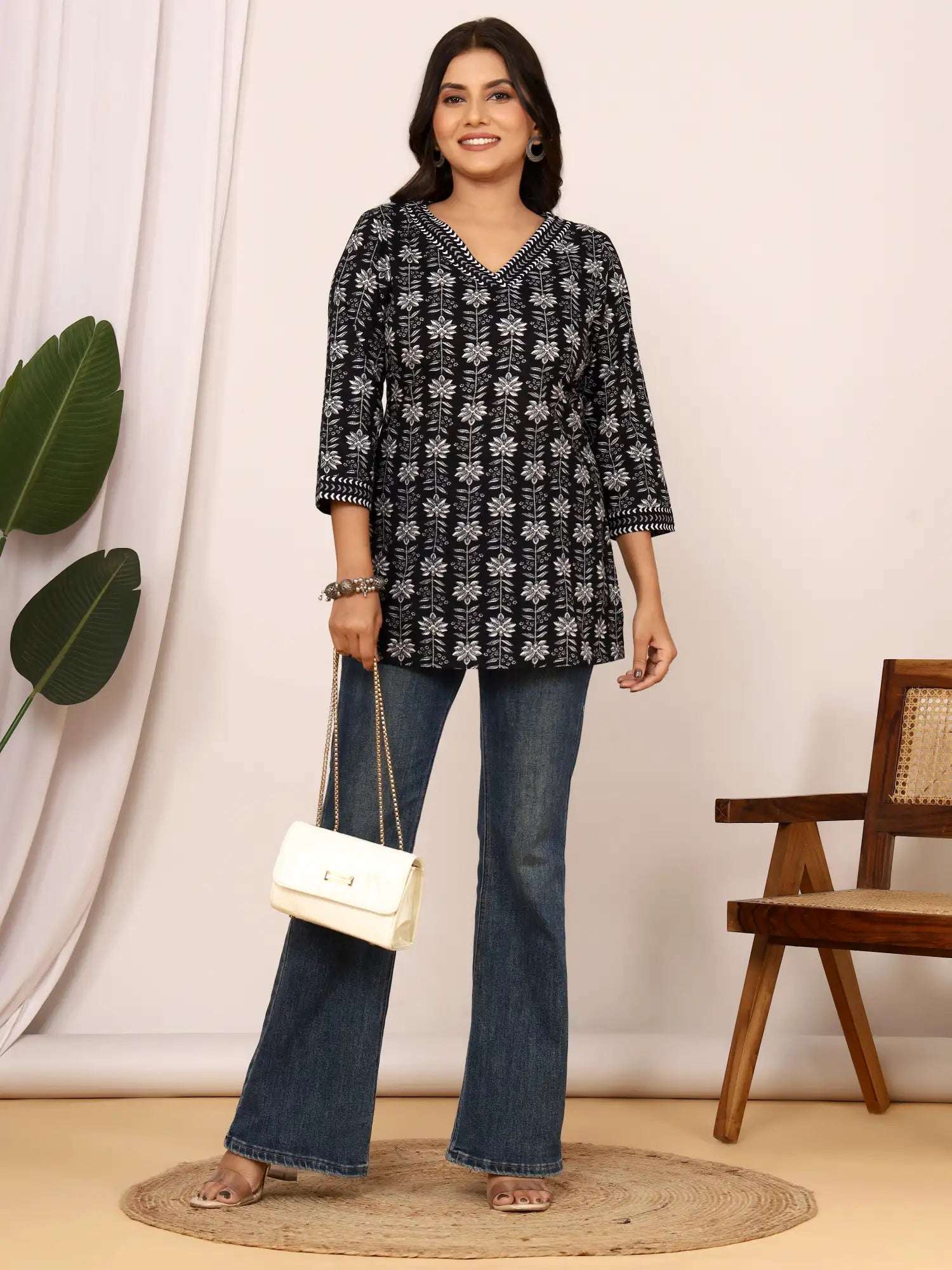 Sanganeri Black & White Floral Print Cotton Top