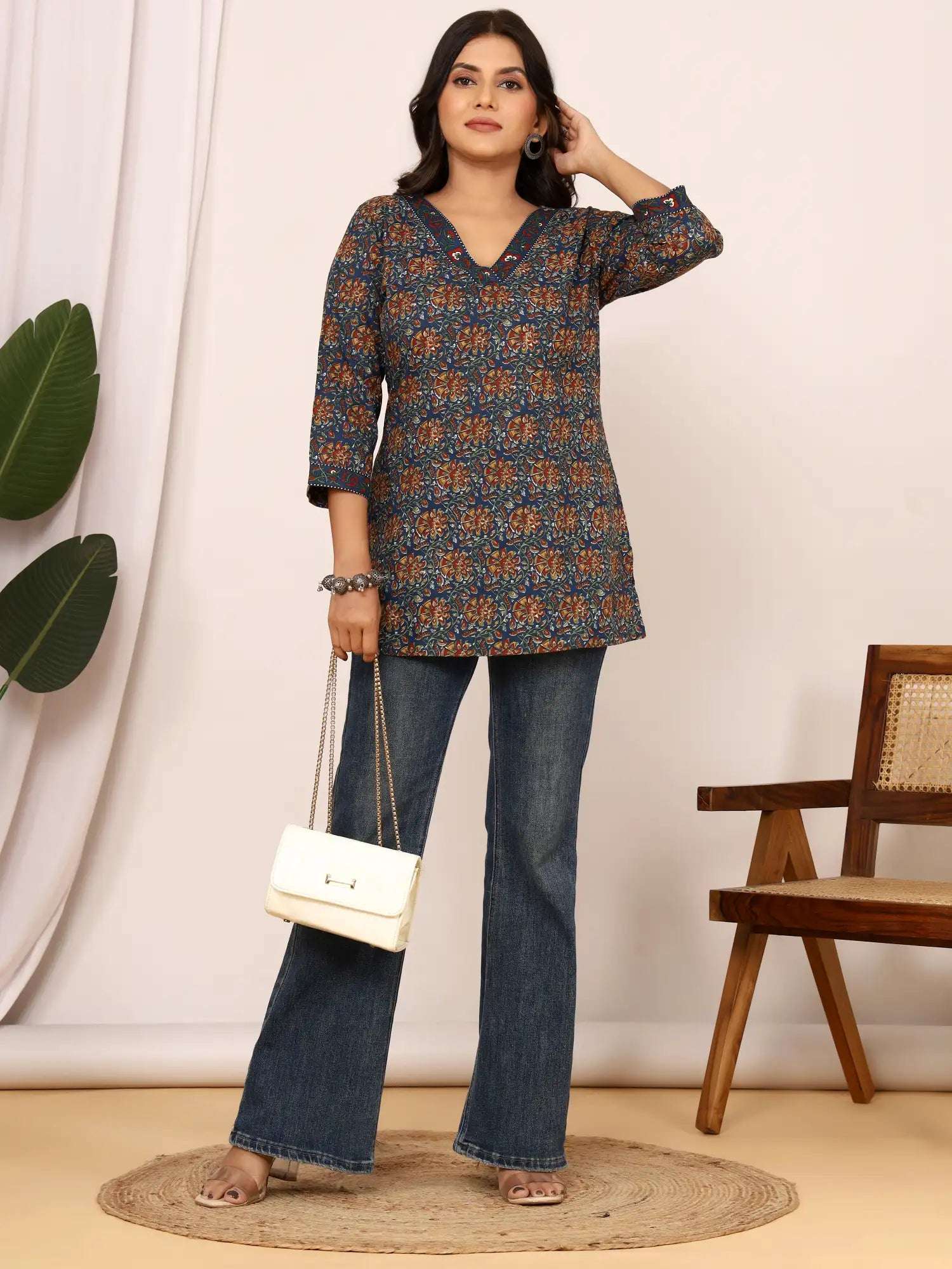 Sanganeri Navy Blue Kalamkari Print Cotton Top