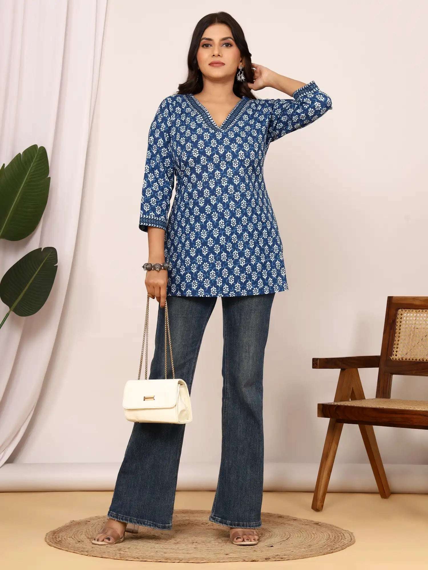 Sanganeri Indigo Block Buti Print Cotton Top