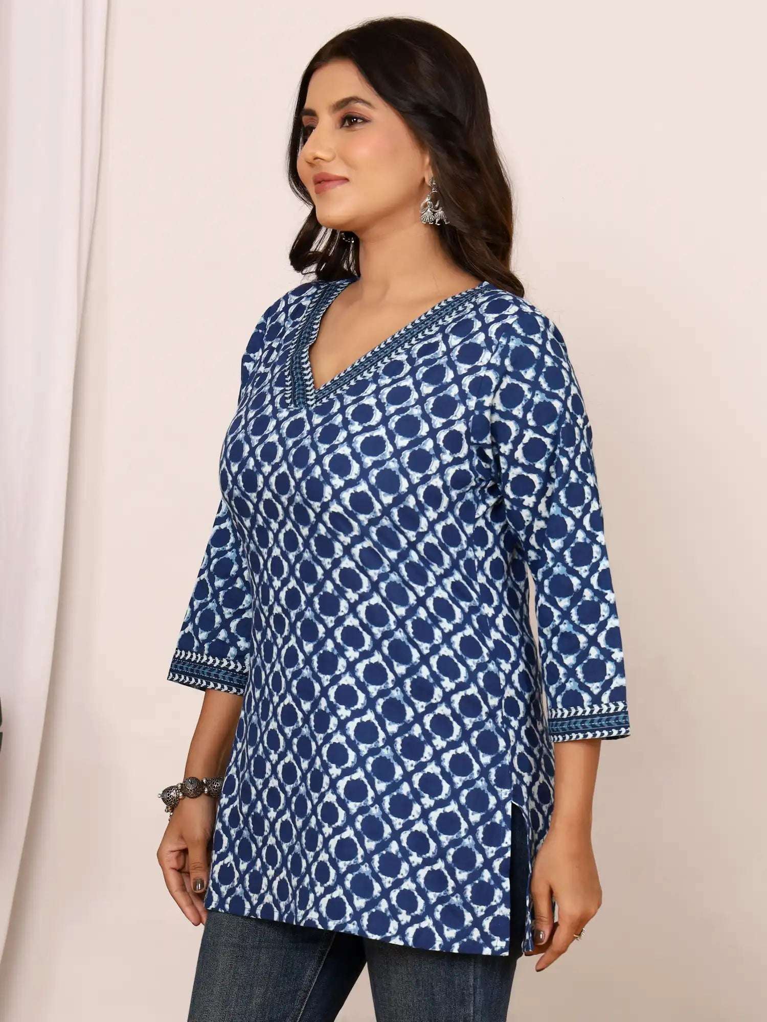 Sanganeri Indigo Blue Geometric Cotton Top