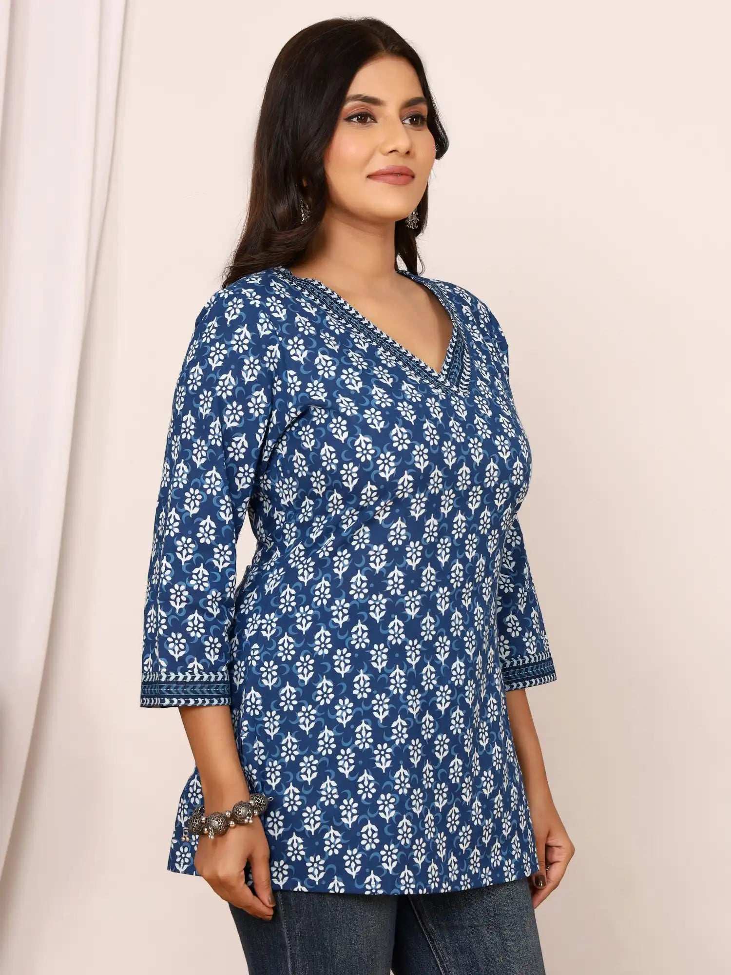 Sanganeri Indigo Block Buti Print Cotton Top
