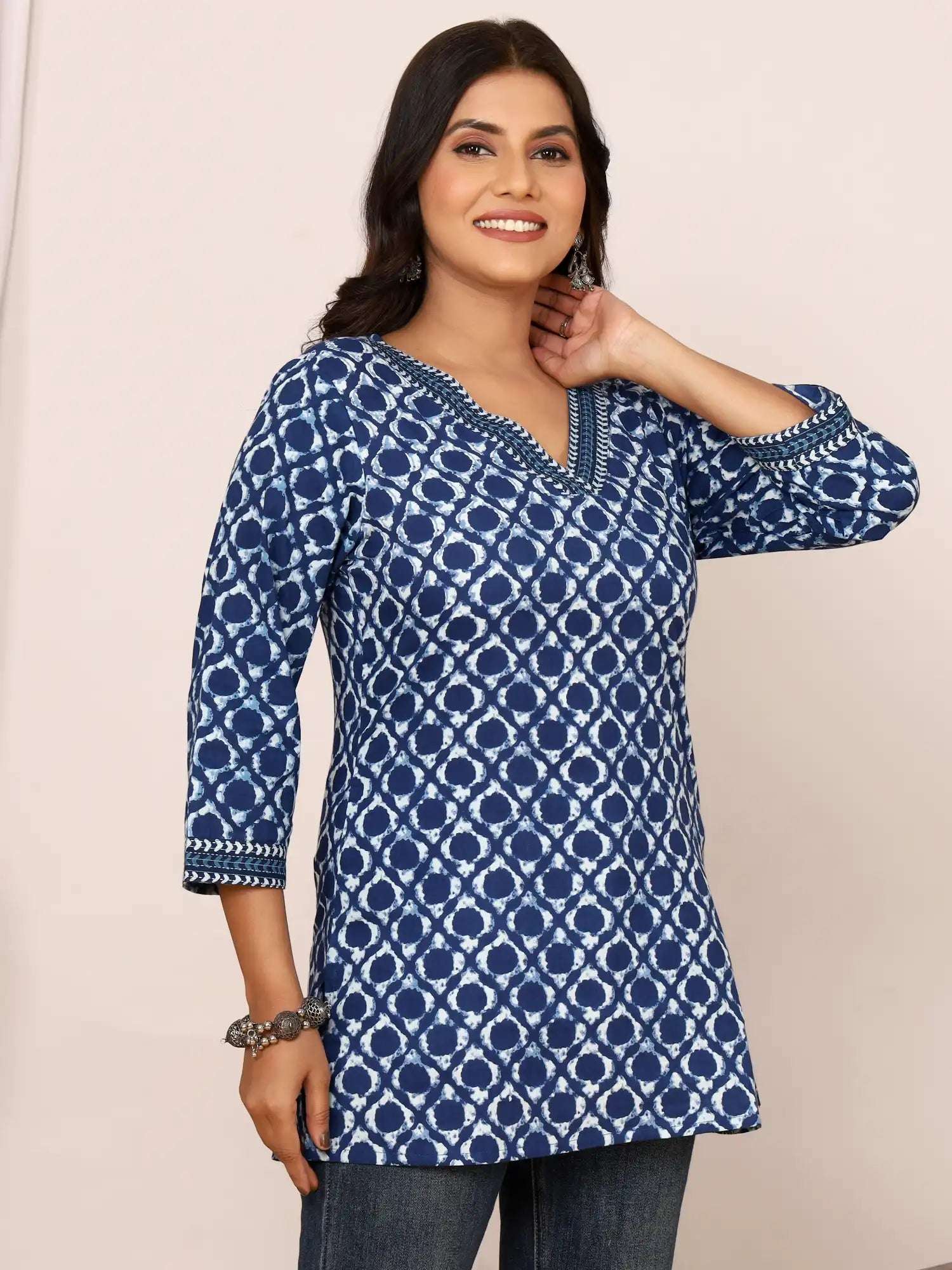 Sanganeri Indigo Blue Geometric Cotton Top