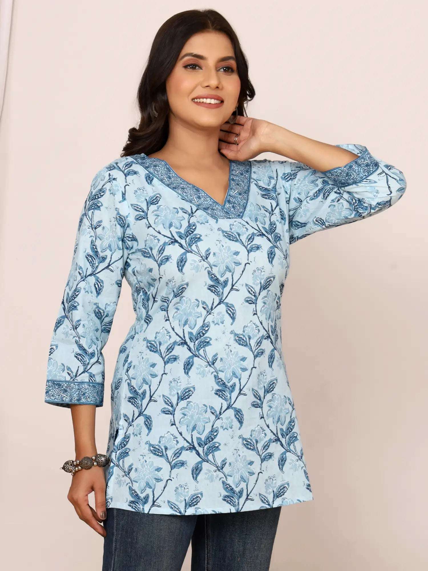 Sanganeri Sky Blue Floral Print Cotton Top