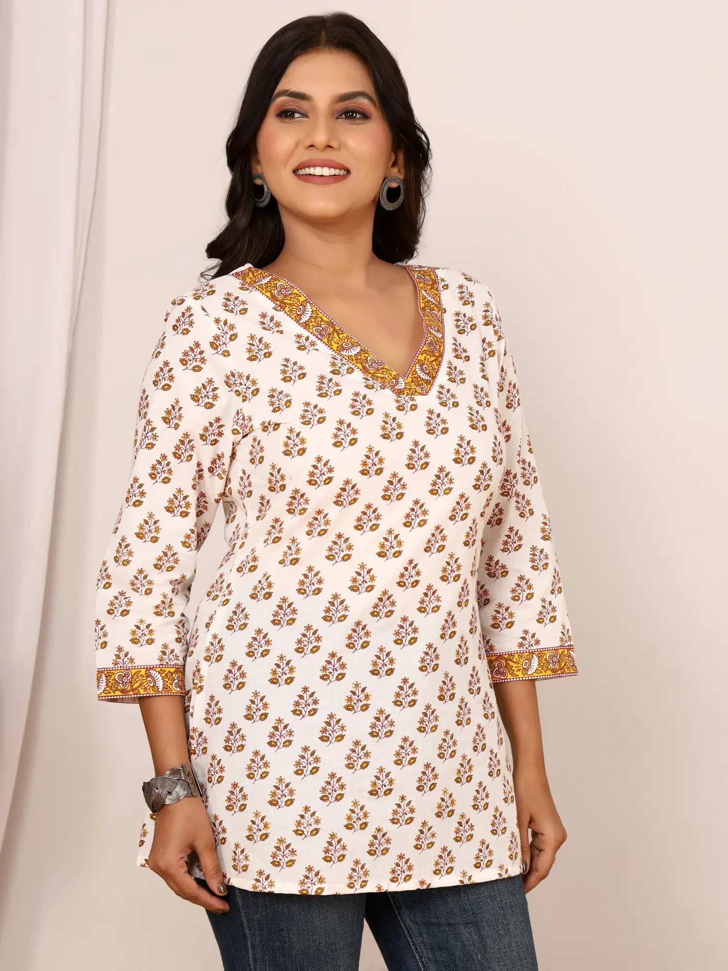 Sanganeri Mustard Floral Booti Print Cotton Top