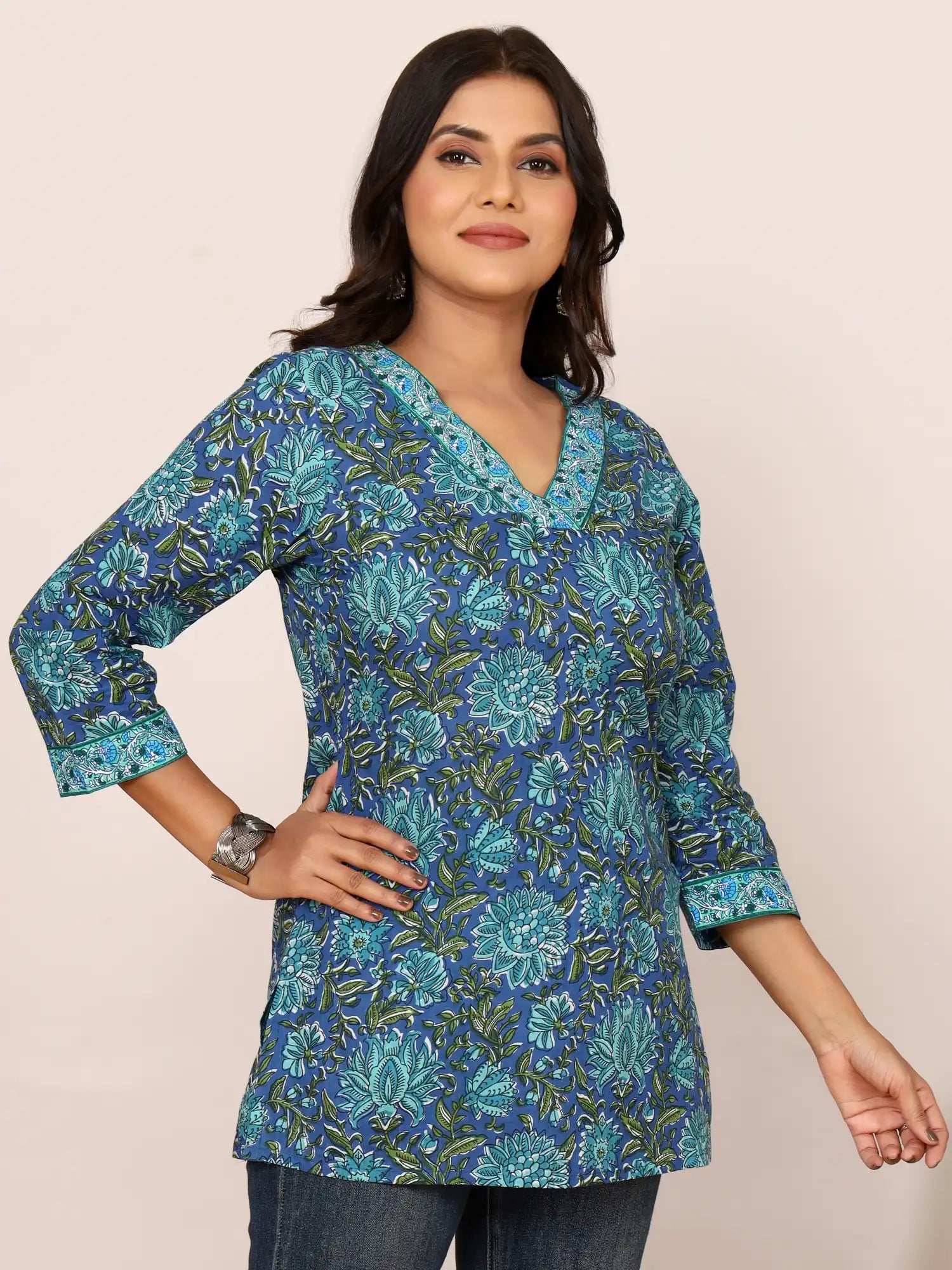 Sanganeri Teal & Green Floral Cotton Top