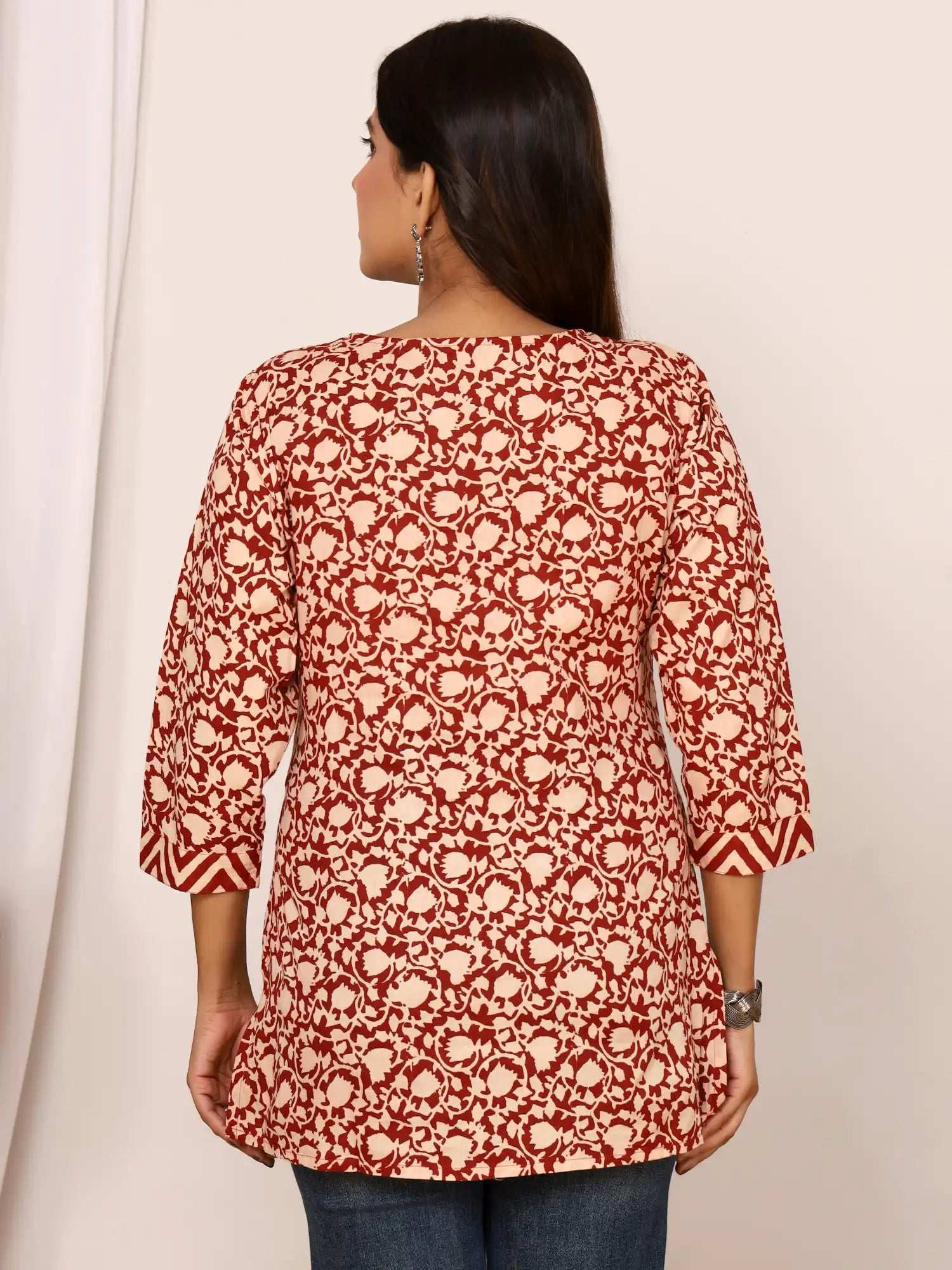 Sanganeri Beige & Maroon Floral Jaal Cotton Top