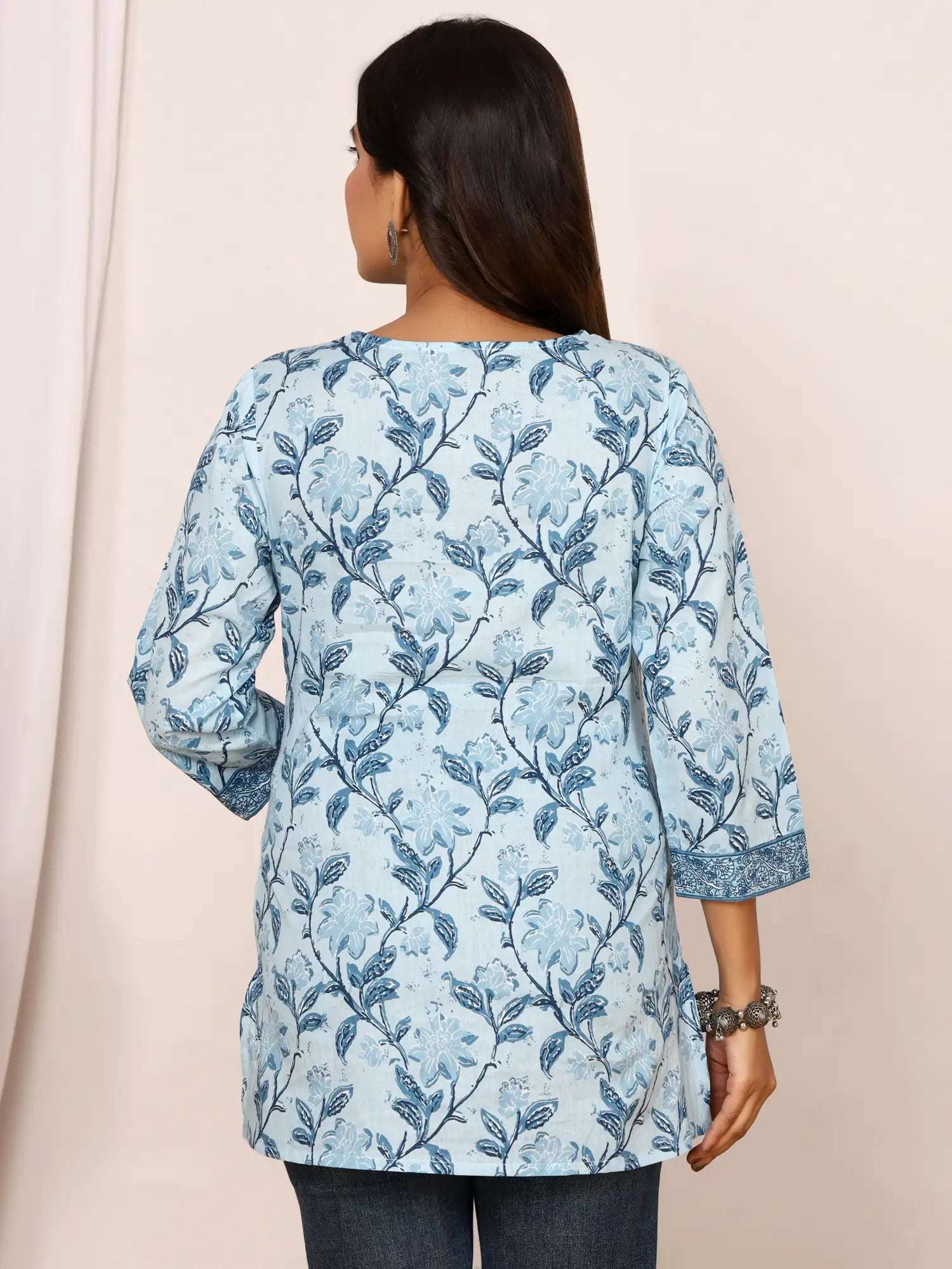 Sanganeri Sky Blue Floral Print Cotton Top
