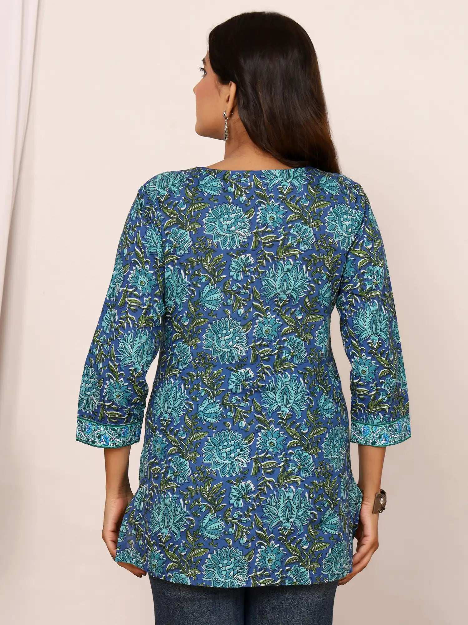 Sanganeri Teal & Green Floral Cotton Top