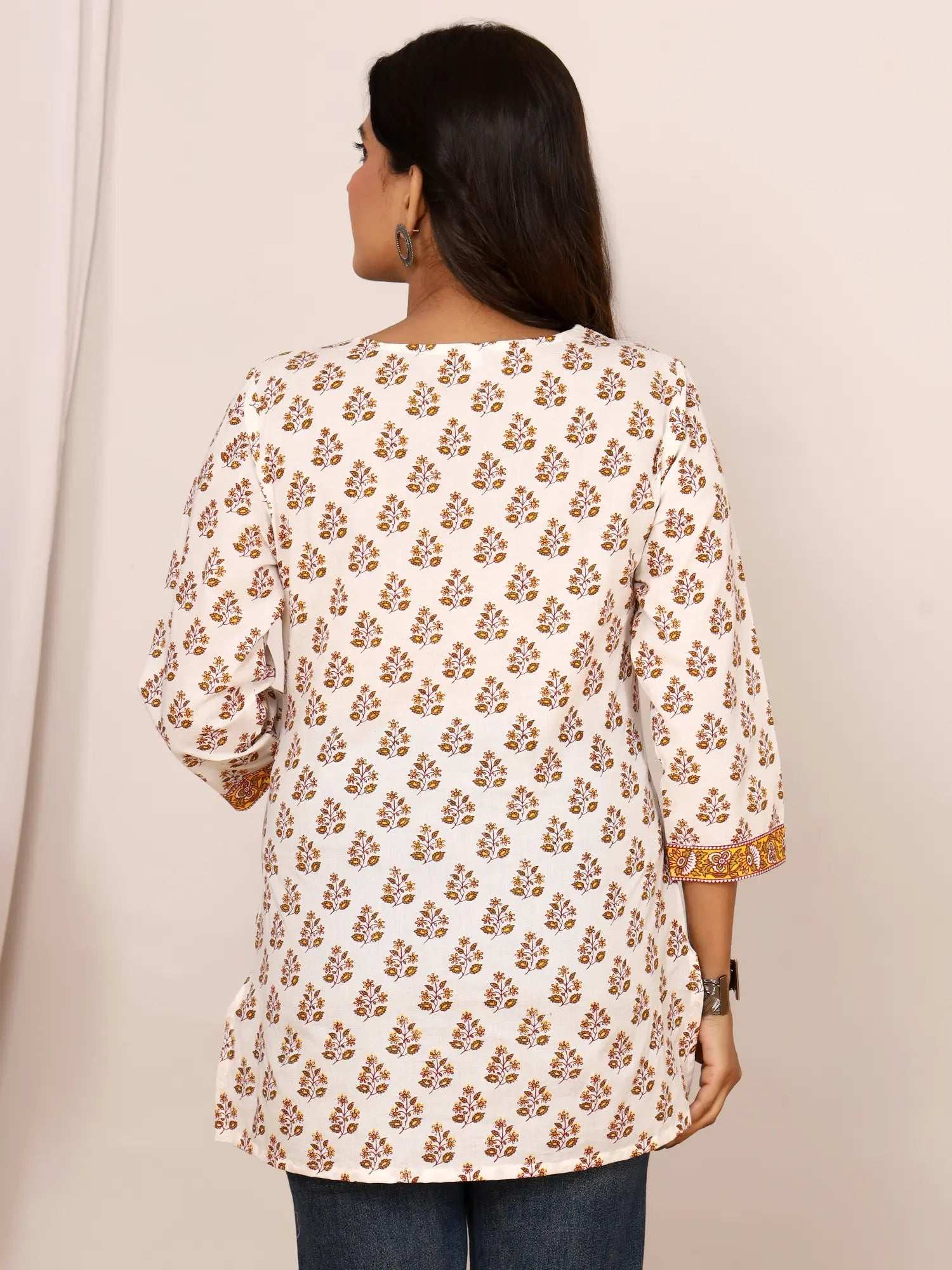 Sanganeri Mustard Floral Booti Print Cotton Top