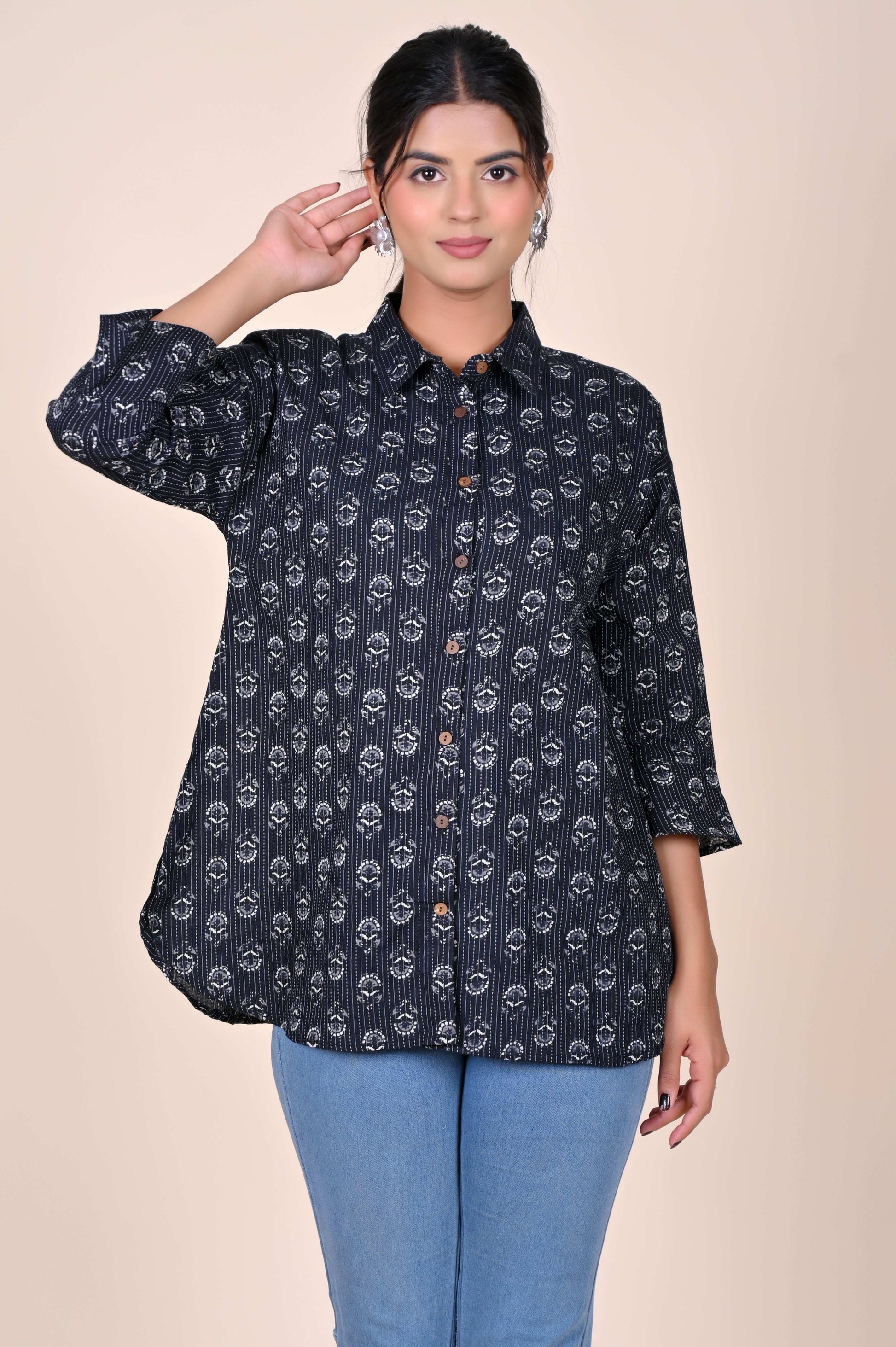 Women's Katha Work Pure Cotton Shirt – Black and White Floral Buti Design