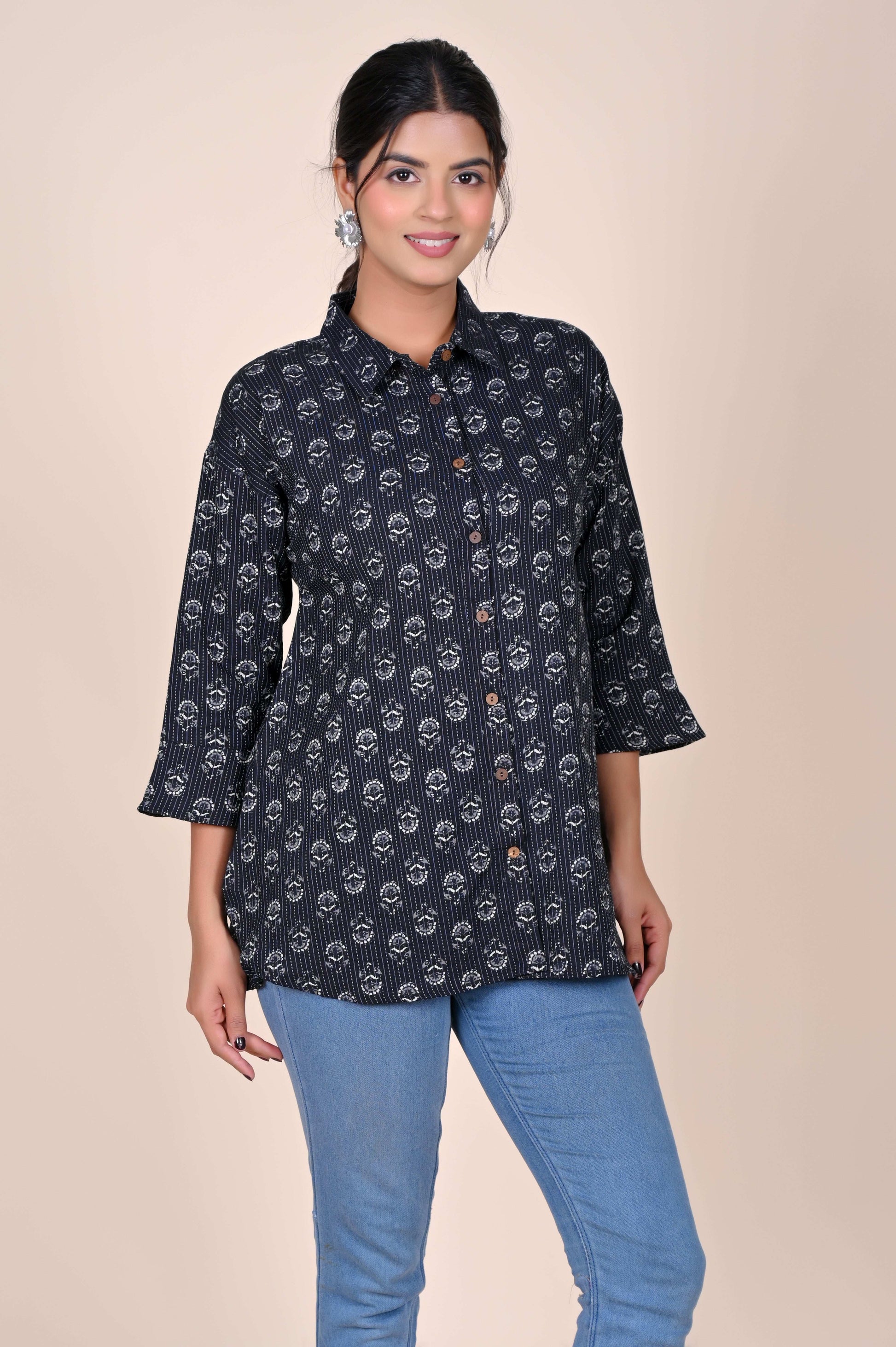 Women's Katha Work Pure Cotton Shirt – Black and White Floral Buti Design