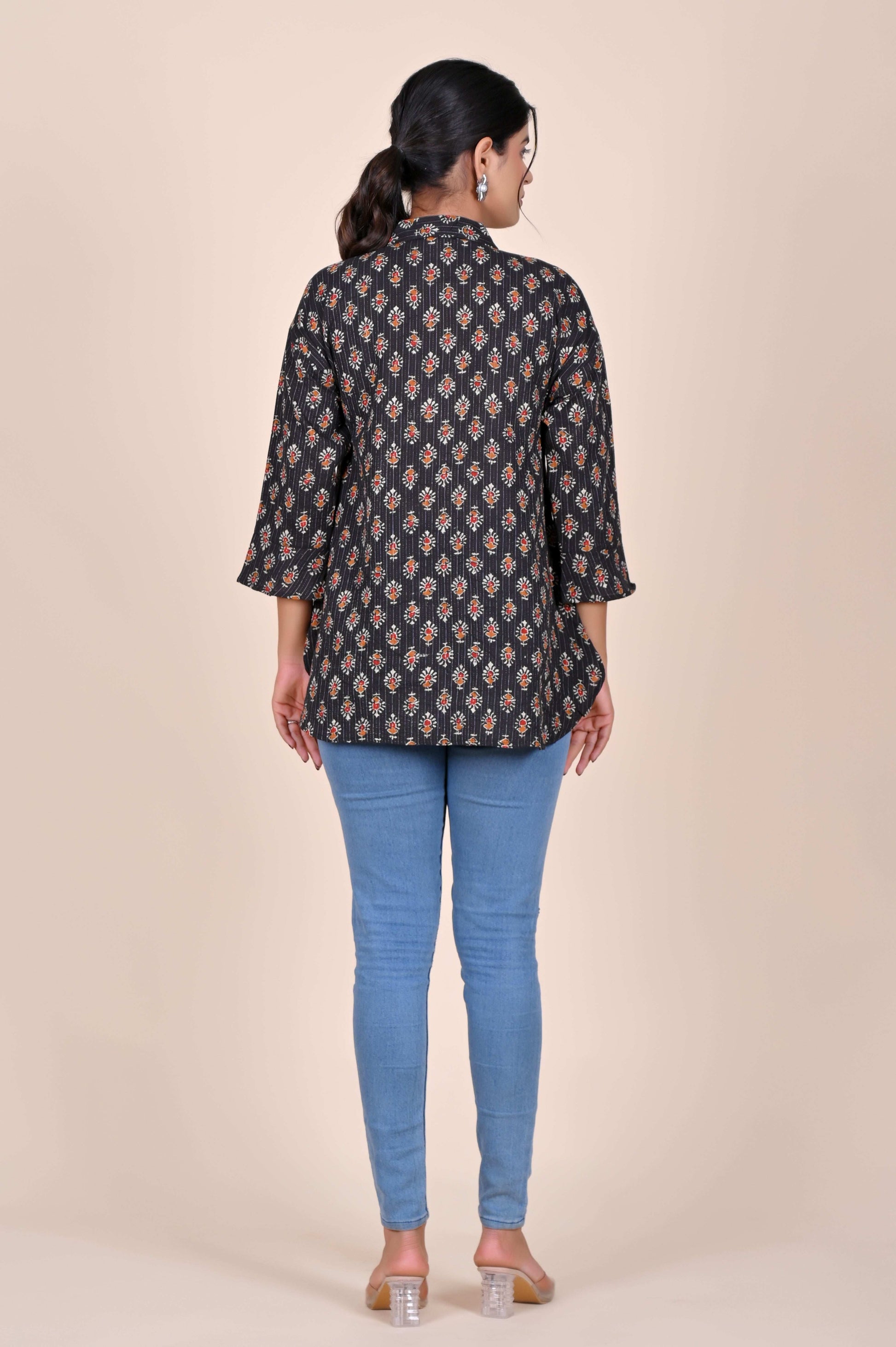 Women's Katha Work Pure Cotton Shirt – Black Floral Buti Design