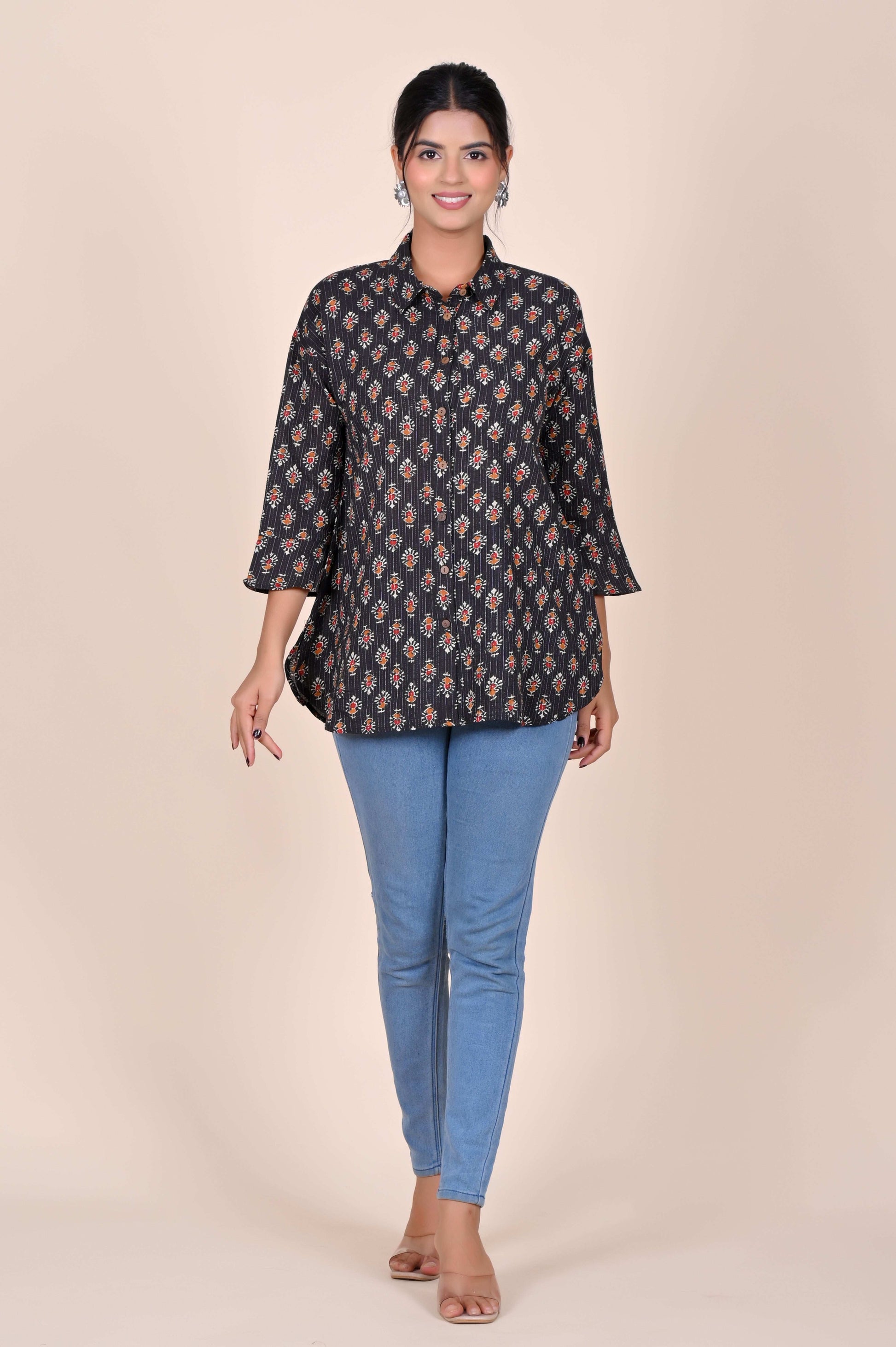 Women's Katha Work Pure Cotton Shirt – Black Floral Buti Design