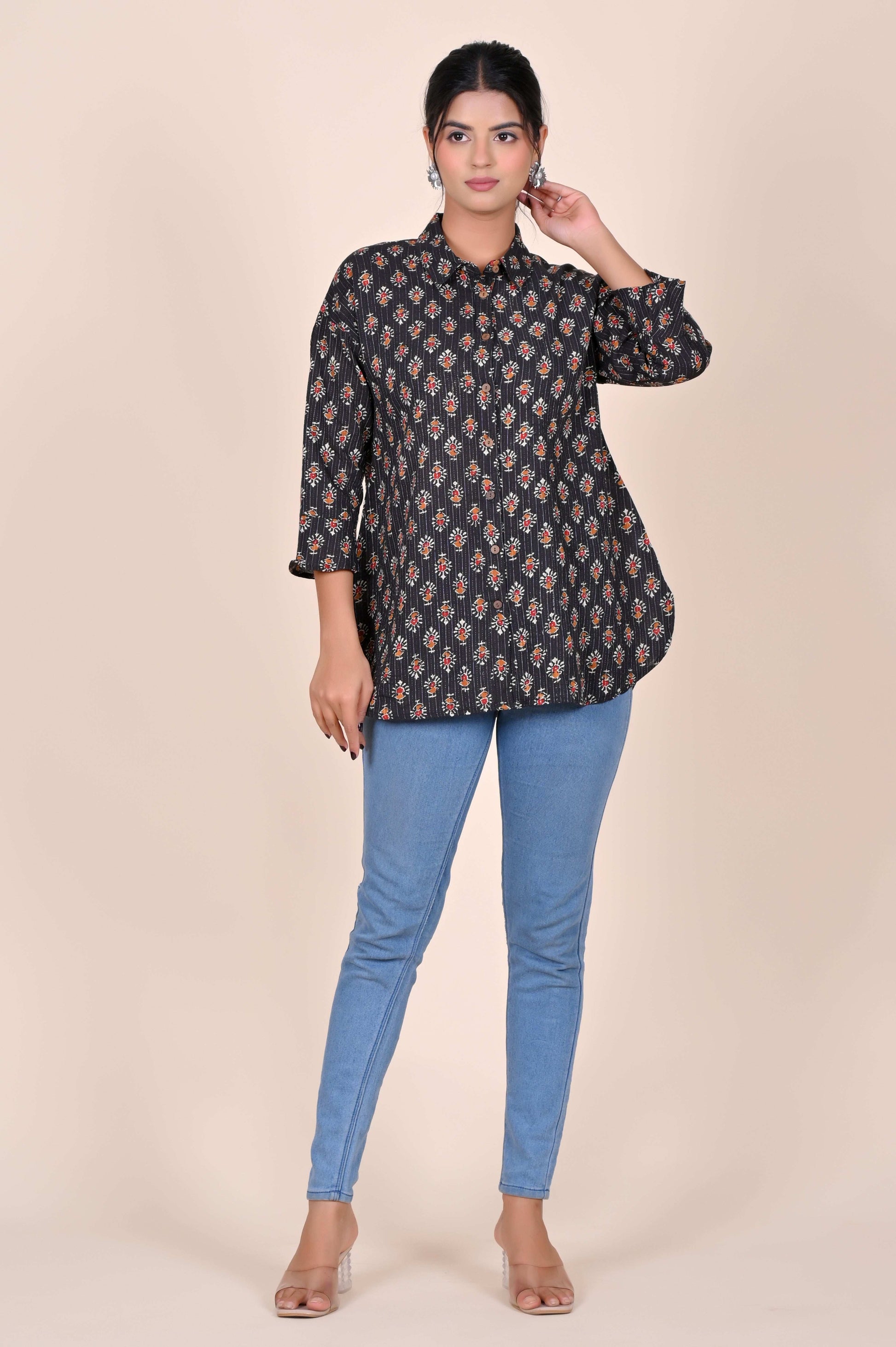 Women's Katha Work Pure Cotton Shirt – Black Floral Buti Design