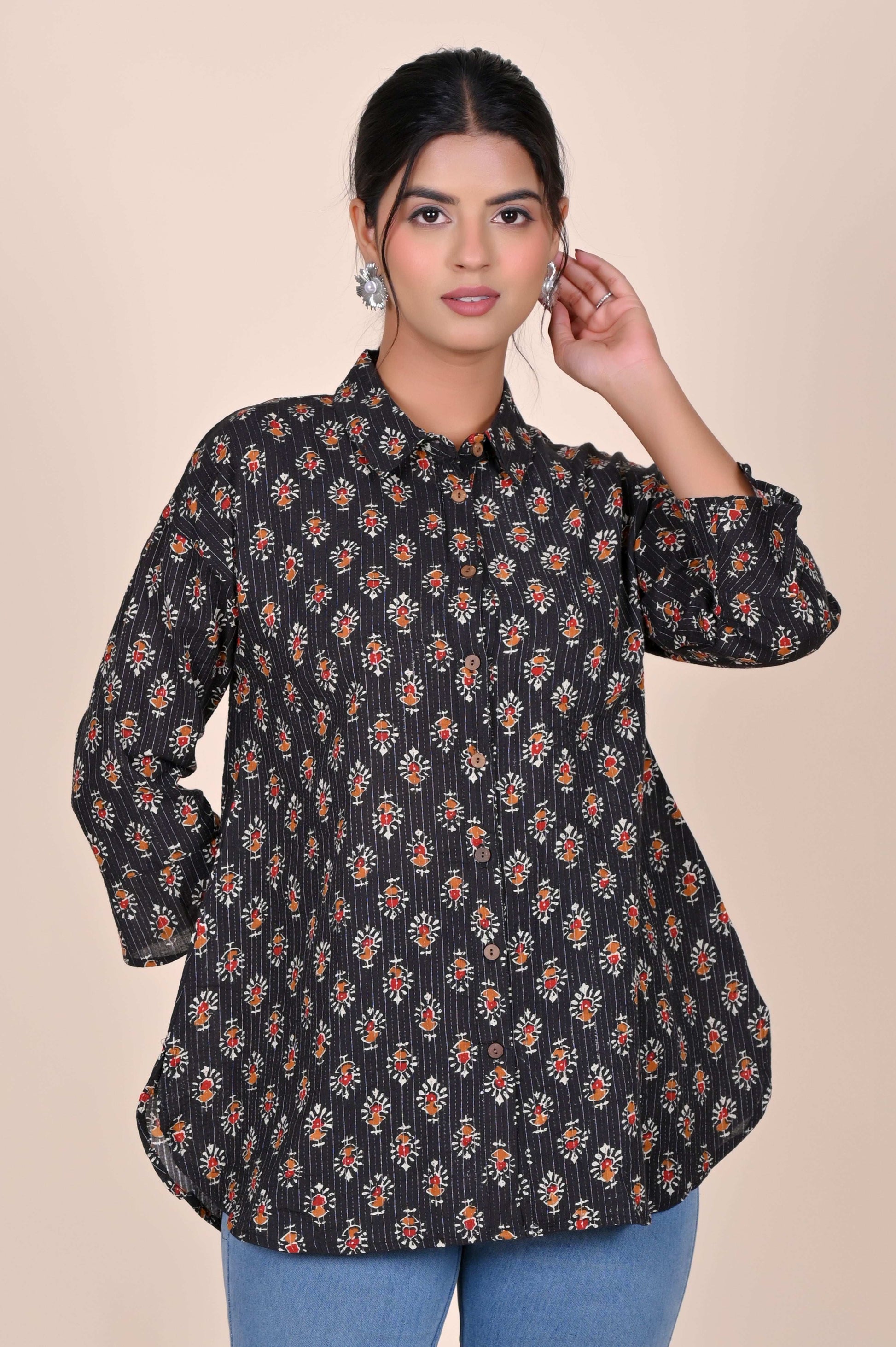 Women's Katha Work Pure Cotton Shirt – Black Floral Buti Design