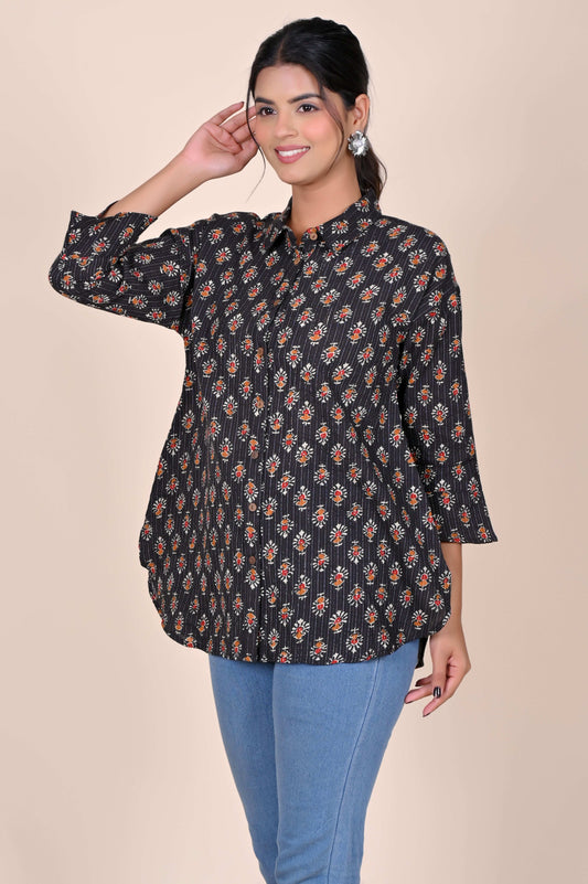 Women's Katha Work Pure Cotton Shirt – Black Floral Buti Design
