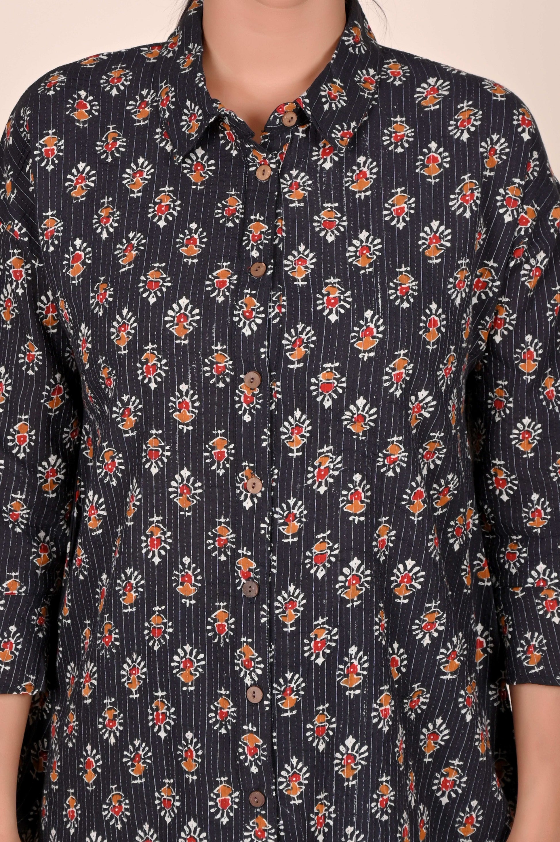 Women's Katha Work Pure Cotton Shirt – Black Floral Buti Design