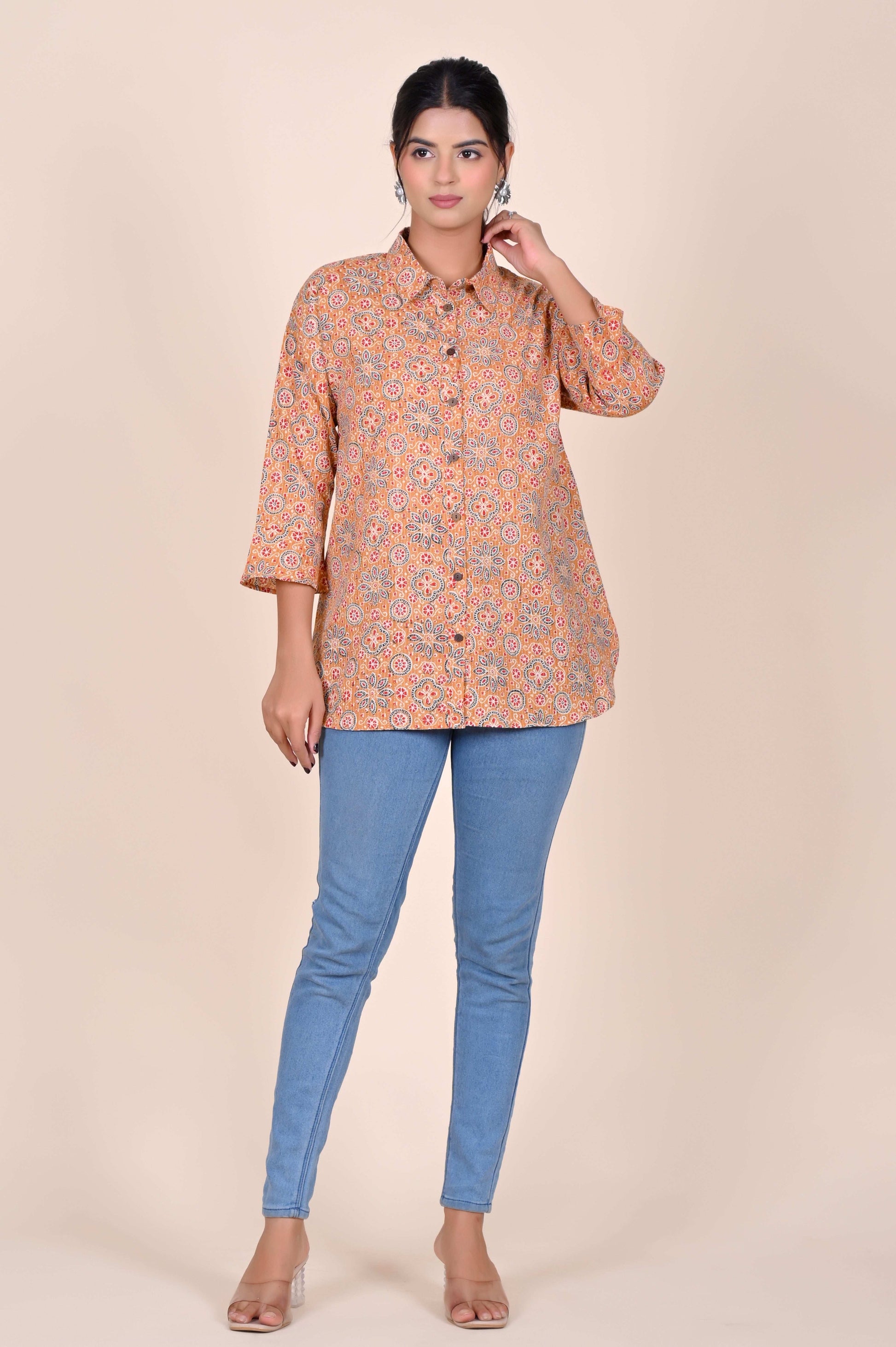 Women's Katha Work Pure Cotton Shirt – Beige Geometric Floral Design