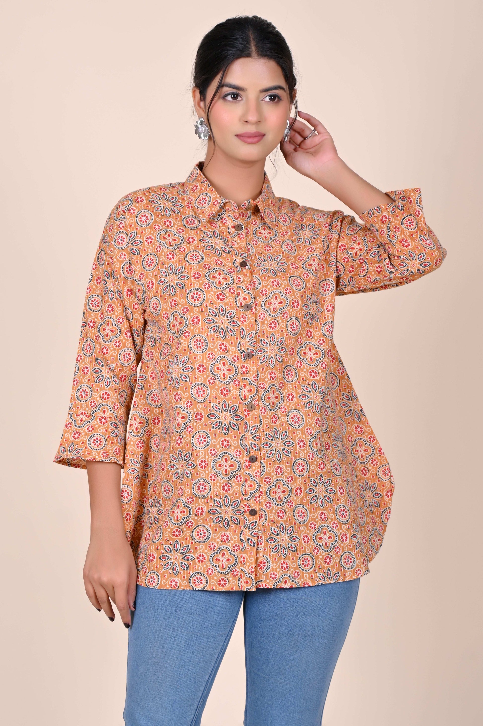 Women's Katha Work Pure Cotton Shirt – Beige Geometric Floral Design
