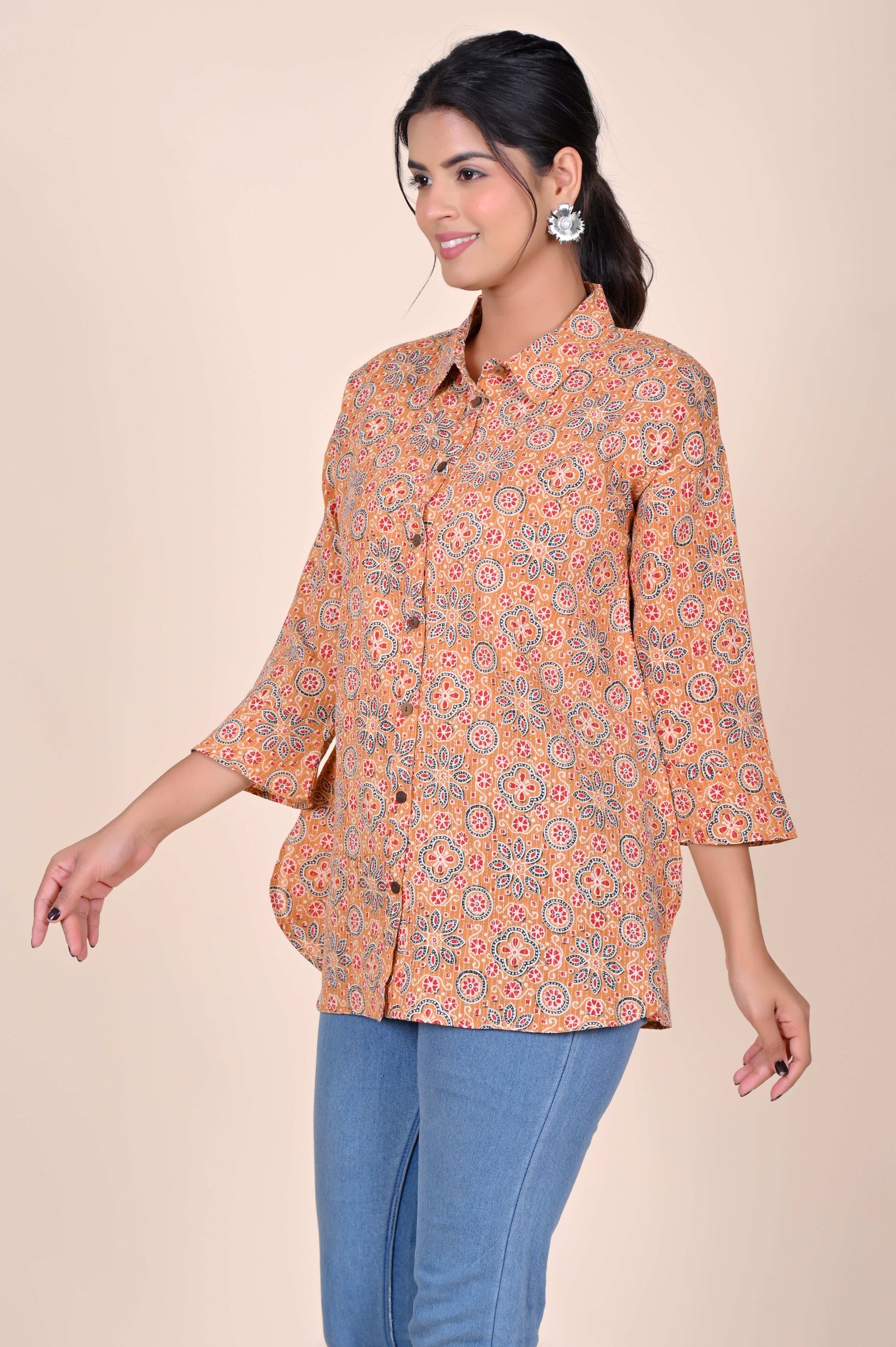 Women's Katha Work Pure Cotton Shirt – Beige Geometric Floral Design