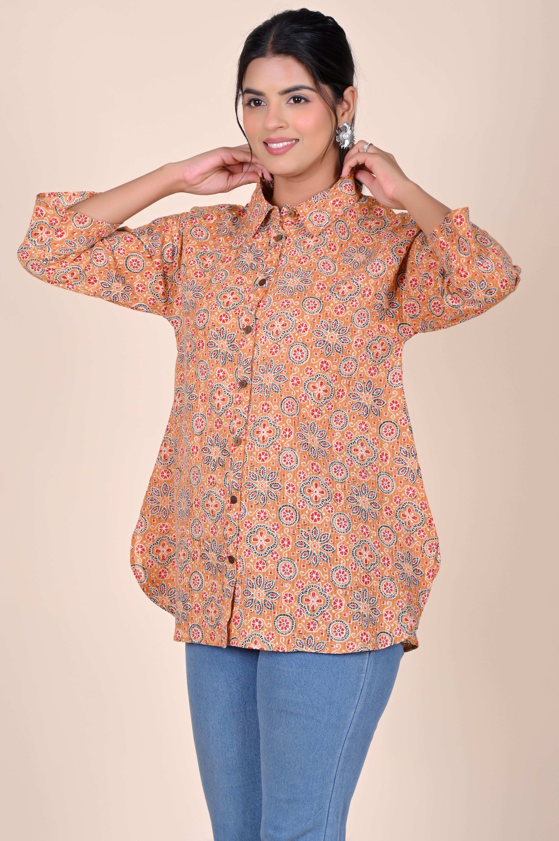 Women's Katha Work Pure Cotton Shirt – Beige Geometric Floral Design