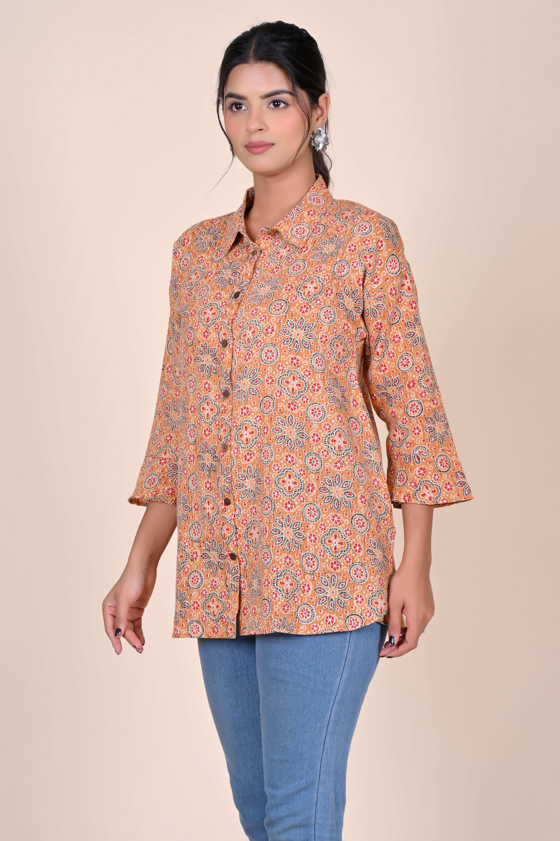 Women's Katha Work Pure Cotton Shirt – Beige Geometric Floral Design