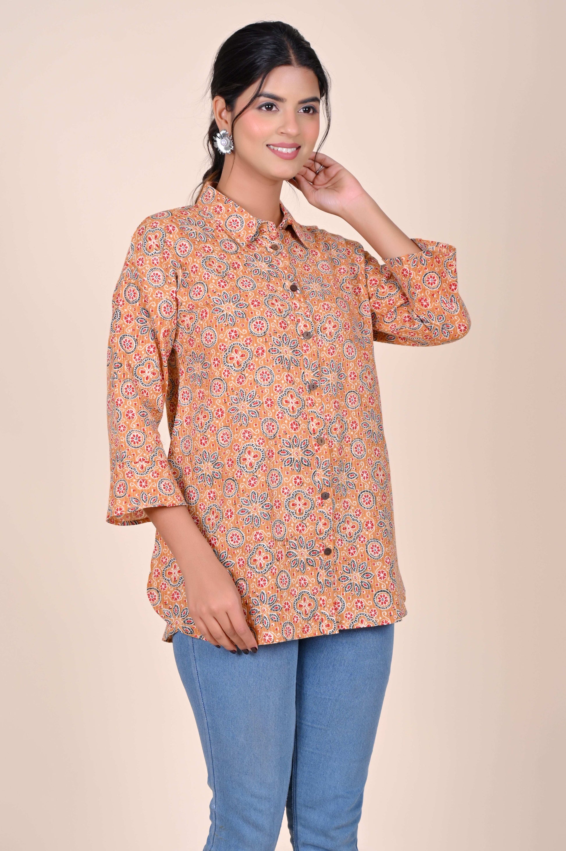 Women's Katha Work Pure Cotton Shirt – Beige Geometric Floral Design