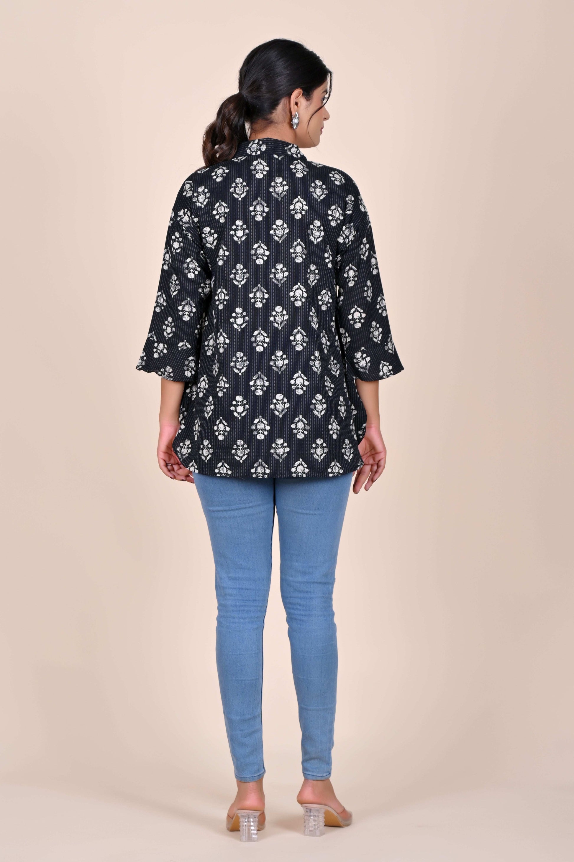 Women's Katha Work Pure Cotton Shirt – Black & White Floral Buti Design