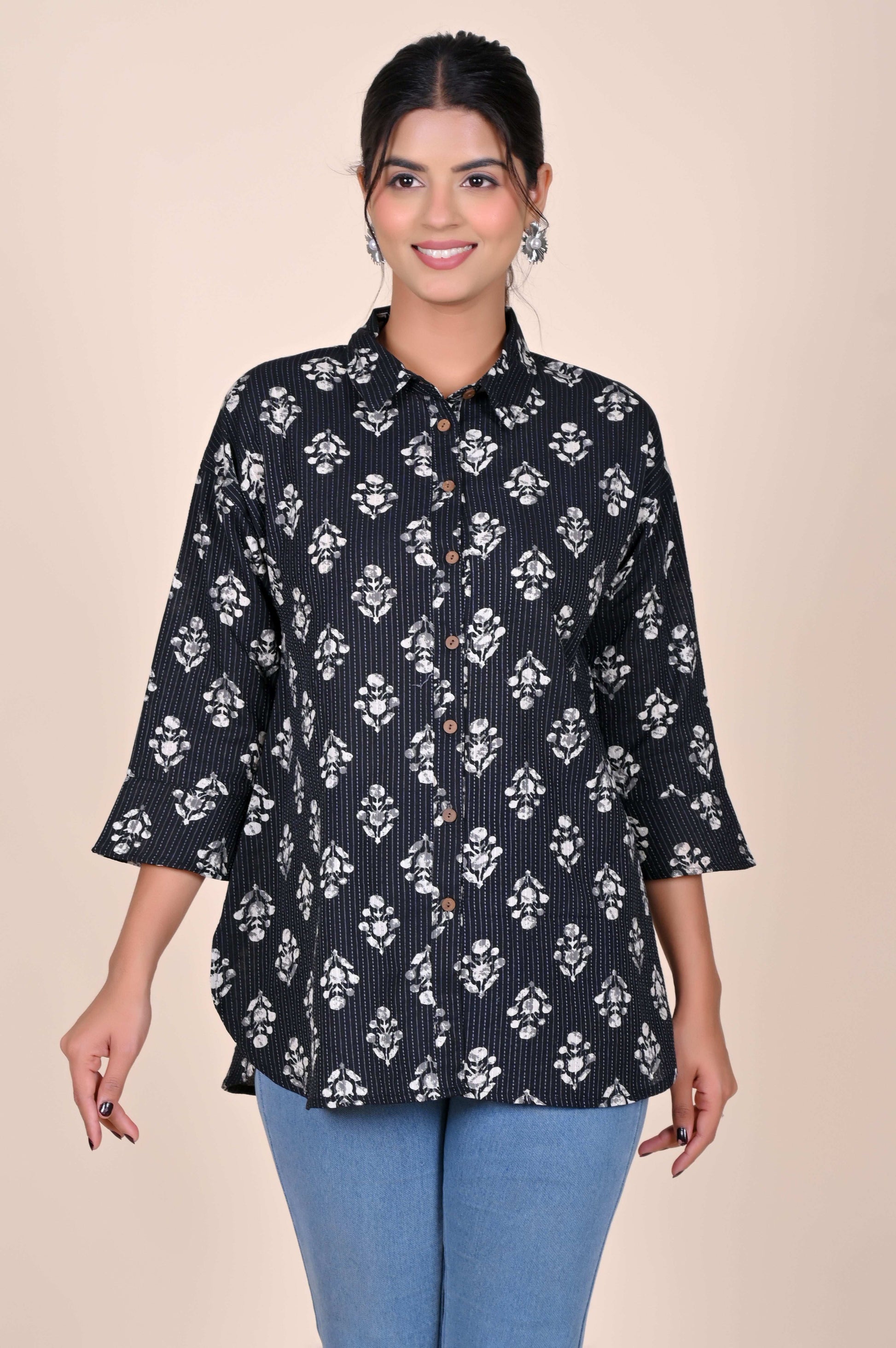Women's Katha Work Pure Cotton Shirt – Black & White Floral Buti Design