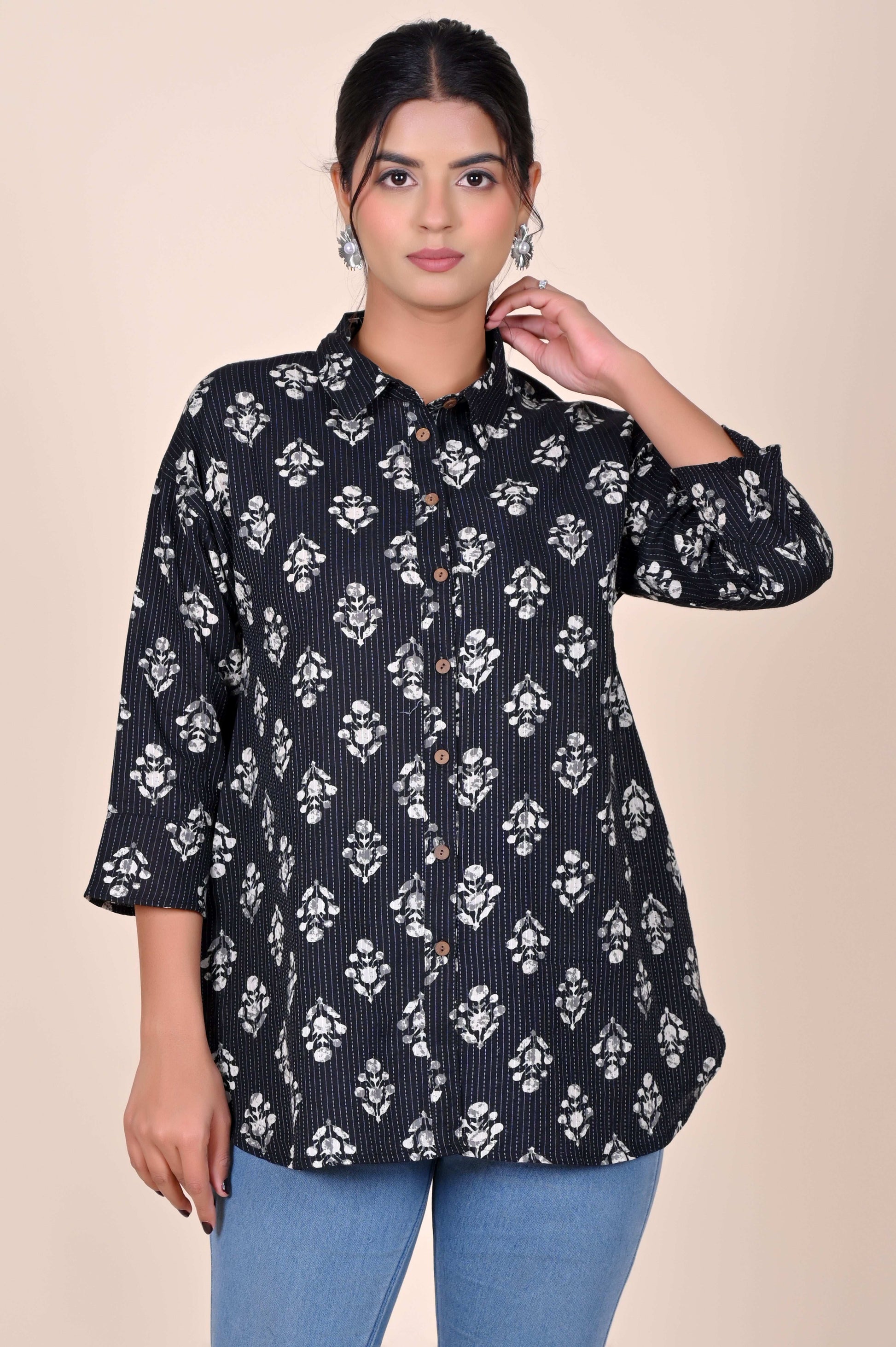 Women's Katha Work Pure Cotton Shirt – Black & White Floral Buti Design